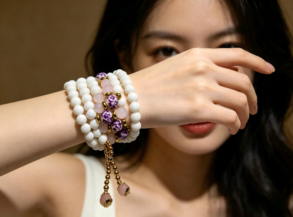 Natural White Tridacna 108 Mala Beads Bracelet with Pink Crystal Accents - Meditation & Prayer Jewelry, Thoughtful Gift, anniversary gift, valentines gift, gift for girlfriend,Meaningful Gift