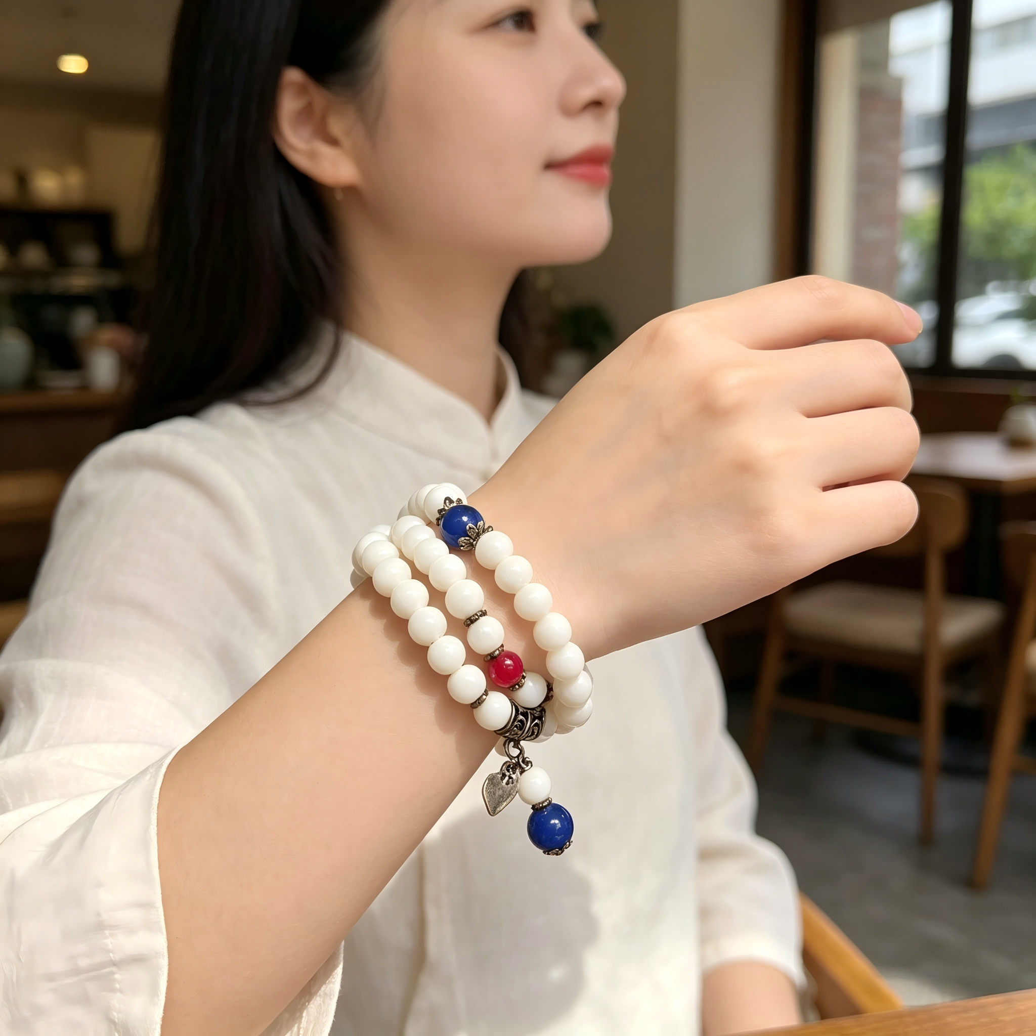 Natural White Tridacna 108 Mala Beads Bracelet with Blue & Pink Accents - Multi-Wrap Spiritual Jewelry Yoga & Spiritual Jewelry, Thoughtful Gift, anniversary gift, valentines gift, gift for girlfriend