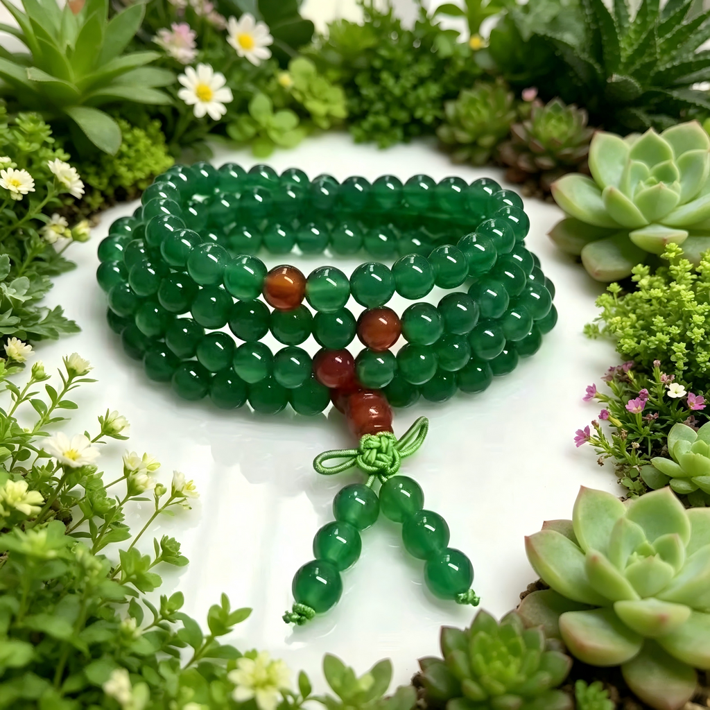 Natural Green Agate 108 Mala Beads Bracelet with Red Agate Accents - Meditation & Protection Jewelry Meaningful Gift ,Thoughtful Gift, anniversary gift, valentines gift, gift for girlfriend, handmade