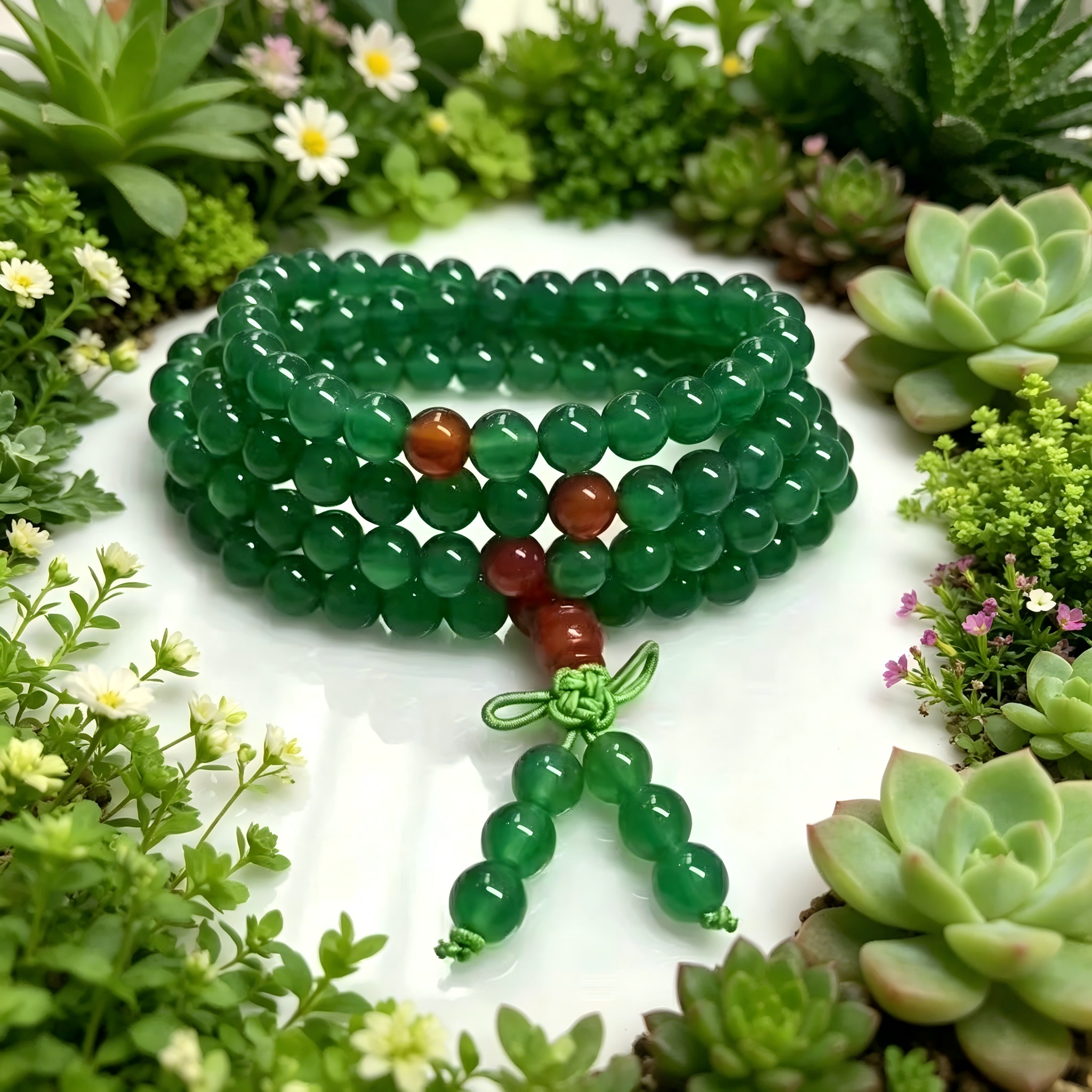Natural Green Agate 108 Mala Beads Bracelet with Red Agate Accents - Meditation & Protection Jewelry Meaningful Gift ,Thoughtful Gift, anniversary gift, valentines gift, gift for girlfriend, handmade