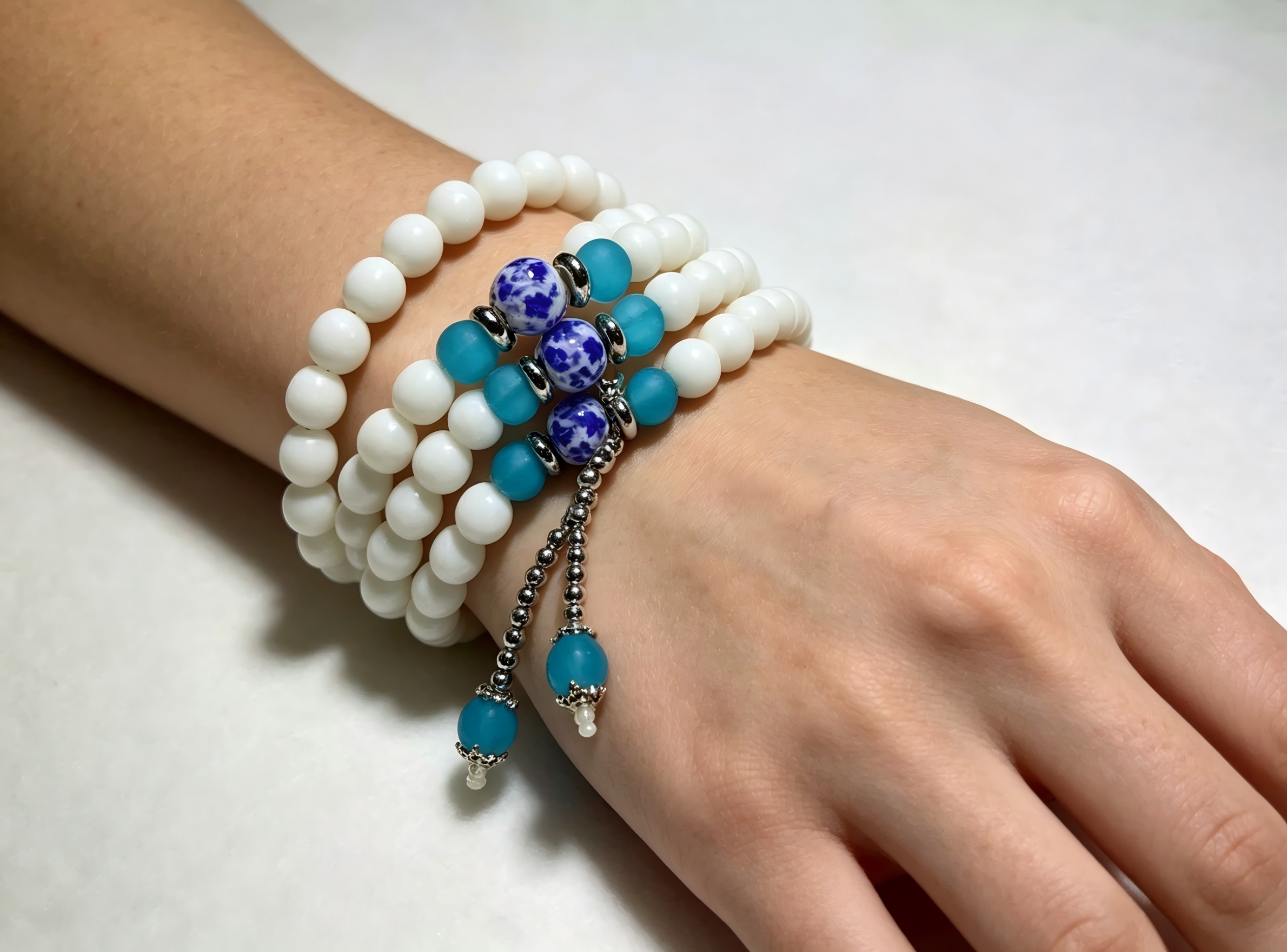 Natural White Tridacna 108-Bead Mala Bracelet with Blue Porcelain & Turquoise - Multi-Wrap Yoga & Spiritual Jewelry,Thoughtful Gift, anniversary gift, valentines gift, gift for girlfriend,  Thoughtful Gift