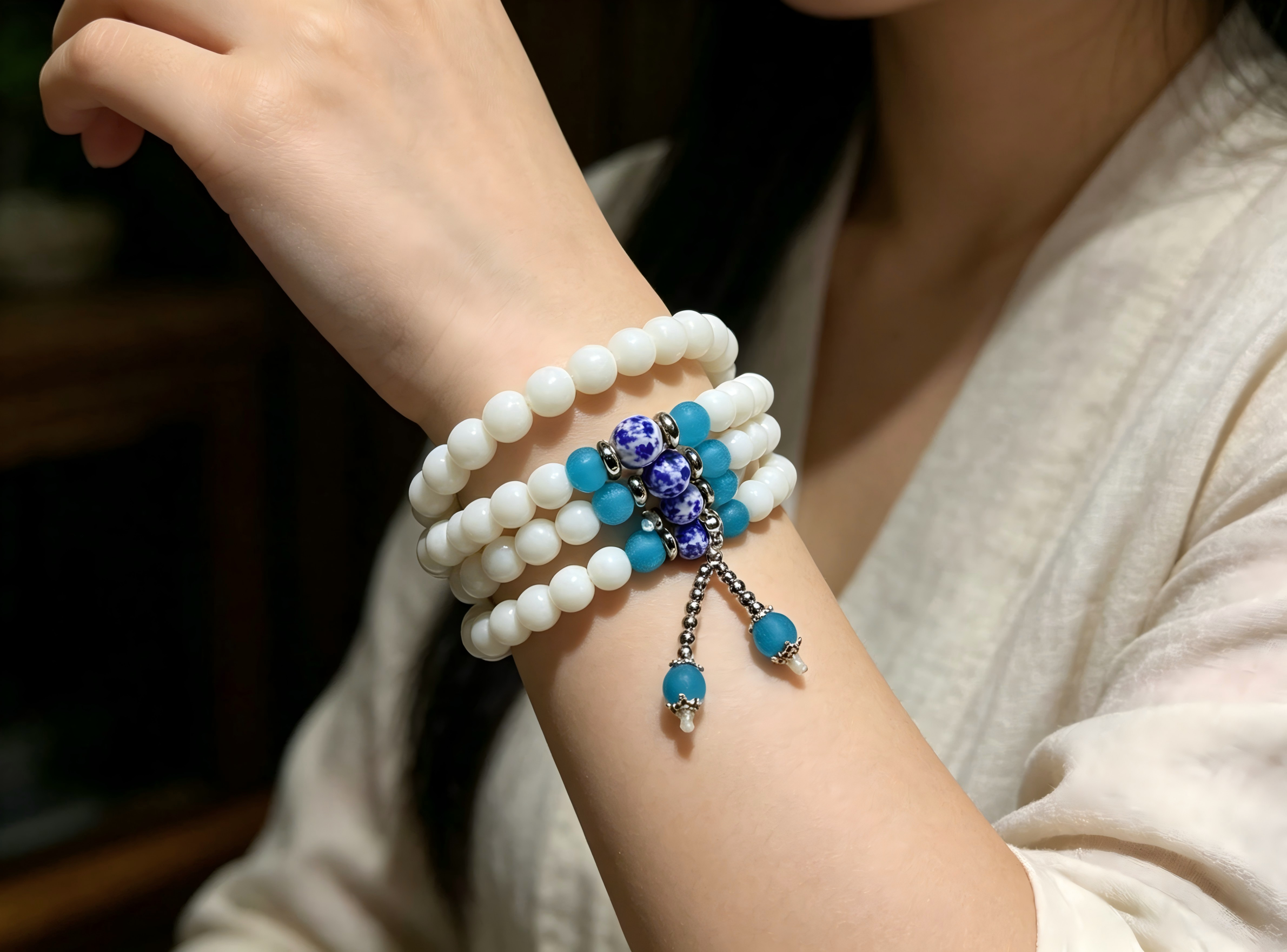 Natural White Tridacna 108-Bead Mala Bracelet with Blue Porcelain & Turquoise - Multi-Wrap Yoga & Spiritual Jewelry,Thoughtful Gift, anniversary gift, valentines gift, gift for girlfriend,  Thoughtful Gift