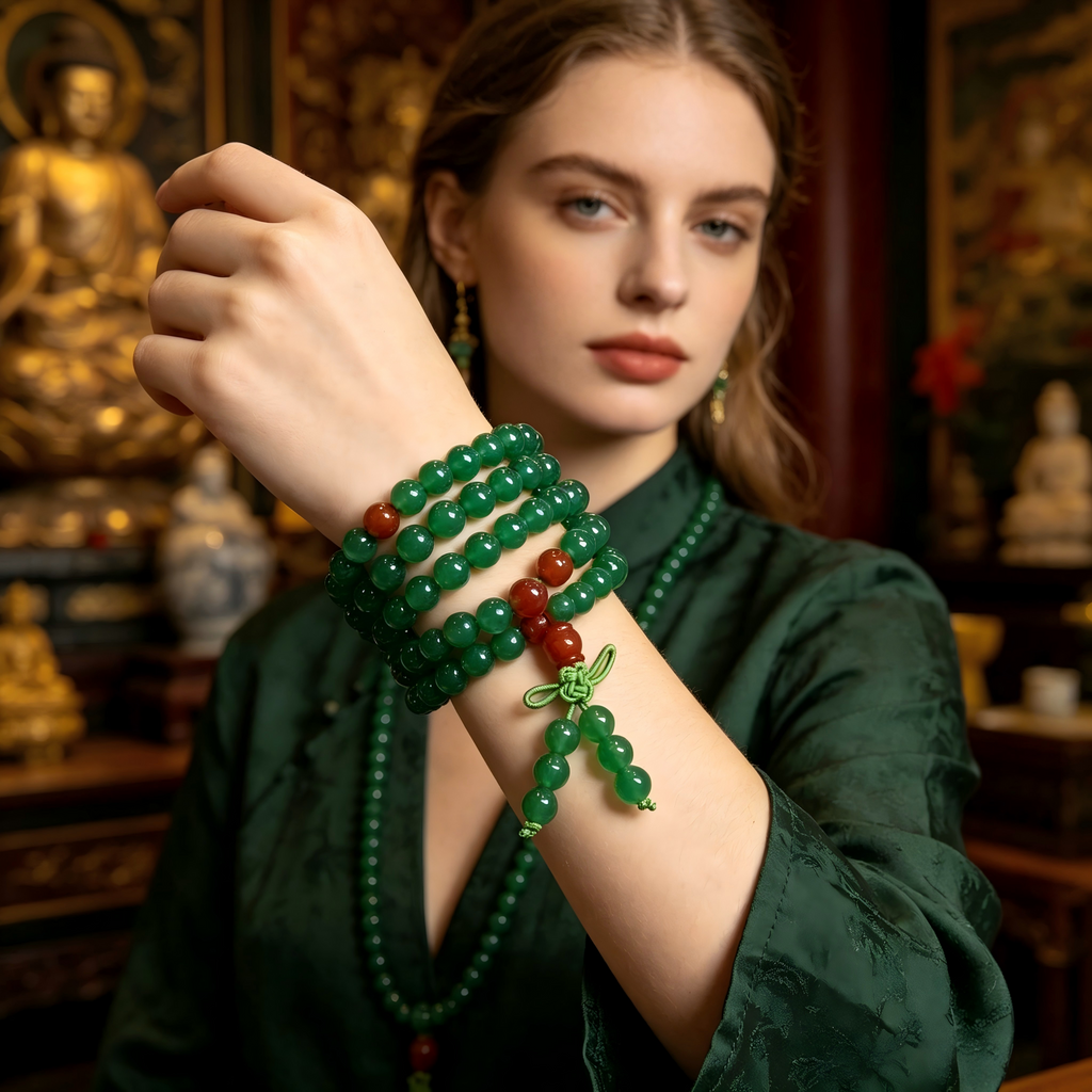 Natural Green Agate 108 Mala Beads Bracelet with Red Agate Accents - Meditation & Protection Jewelry Meaningful Gift ,Thoughtful Gift, anniversary gift, valentines gift, gift for girlfriend, handmade
