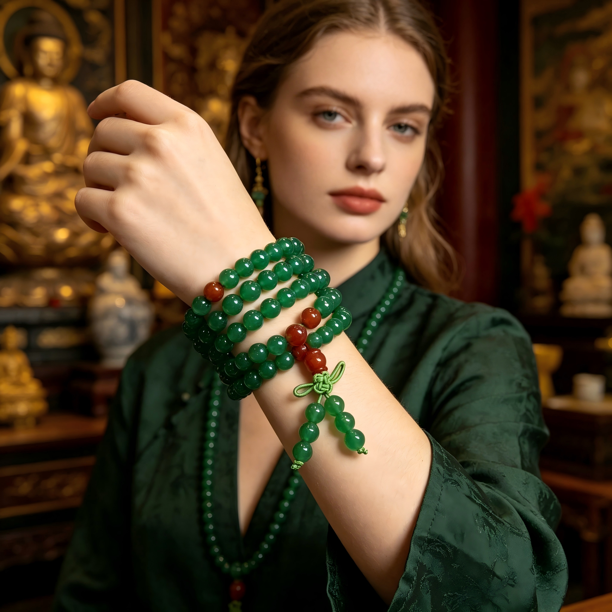Natural Green Agate 108 Mala Beads Bracelet with Red Agate Accents - Meditation & Protection Jewelry Meaningful Gift ,Thoughtful Gift, anniversary gift, valentines gift, gift for girlfriend, handmade