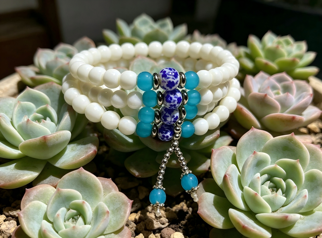 Natural White Tridacna 108-Bead Mala Bracelet with Blue Porcelain & Turquoise - Multi-Wrap Yoga & Spiritual Jewelry,Thoughtful Gift, anniversary gift, valentines gift, gift for girlfriend,  Thoughtful Gift