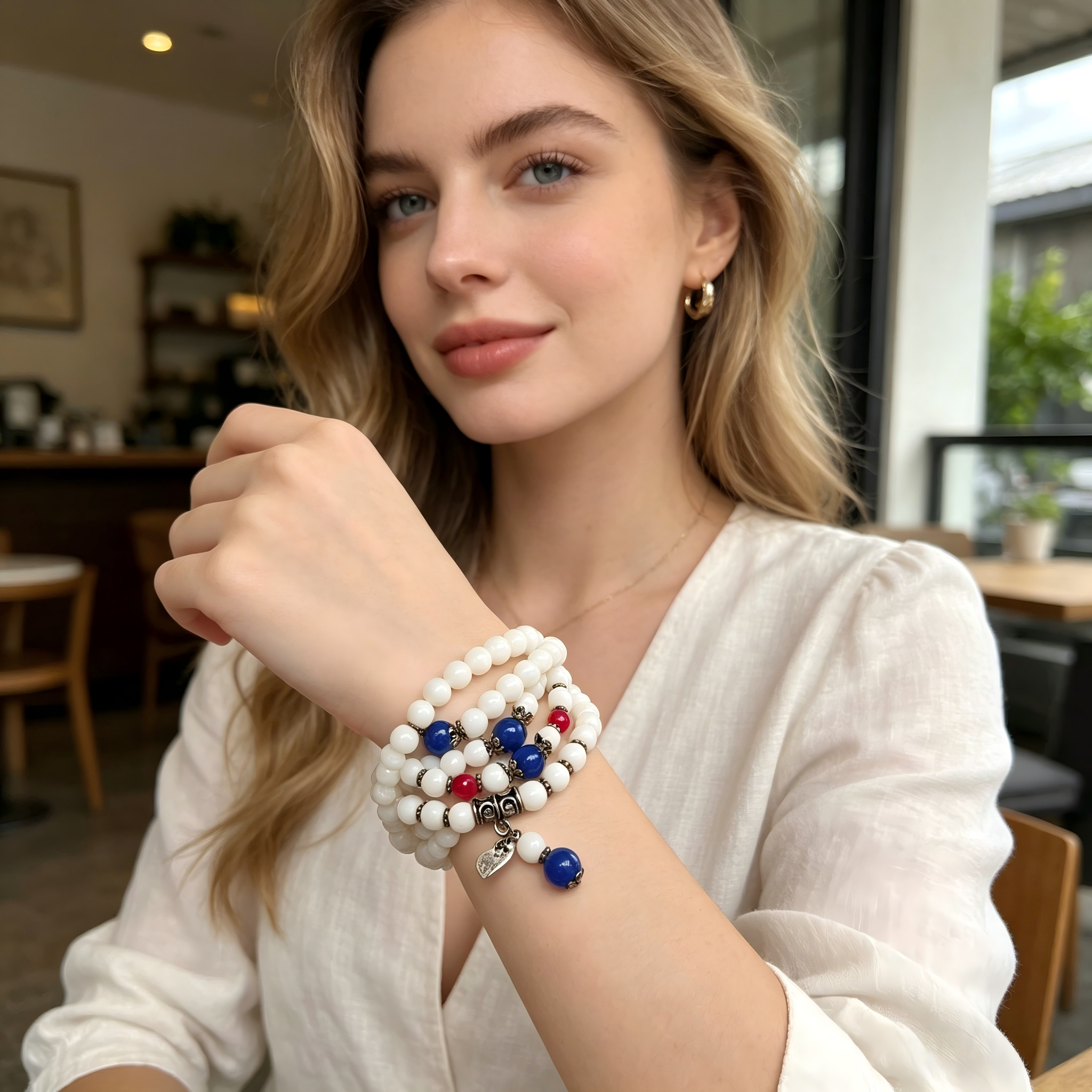 Natural White Tridacna 108 Mala Beads Bracelet with Blue & Pink Accents - Multi-Wrap Spiritual Jewelry Yoga & Spiritual Jewelry, Thoughtful Gift, anniversary gift, valentines gift, gift for girlfriend