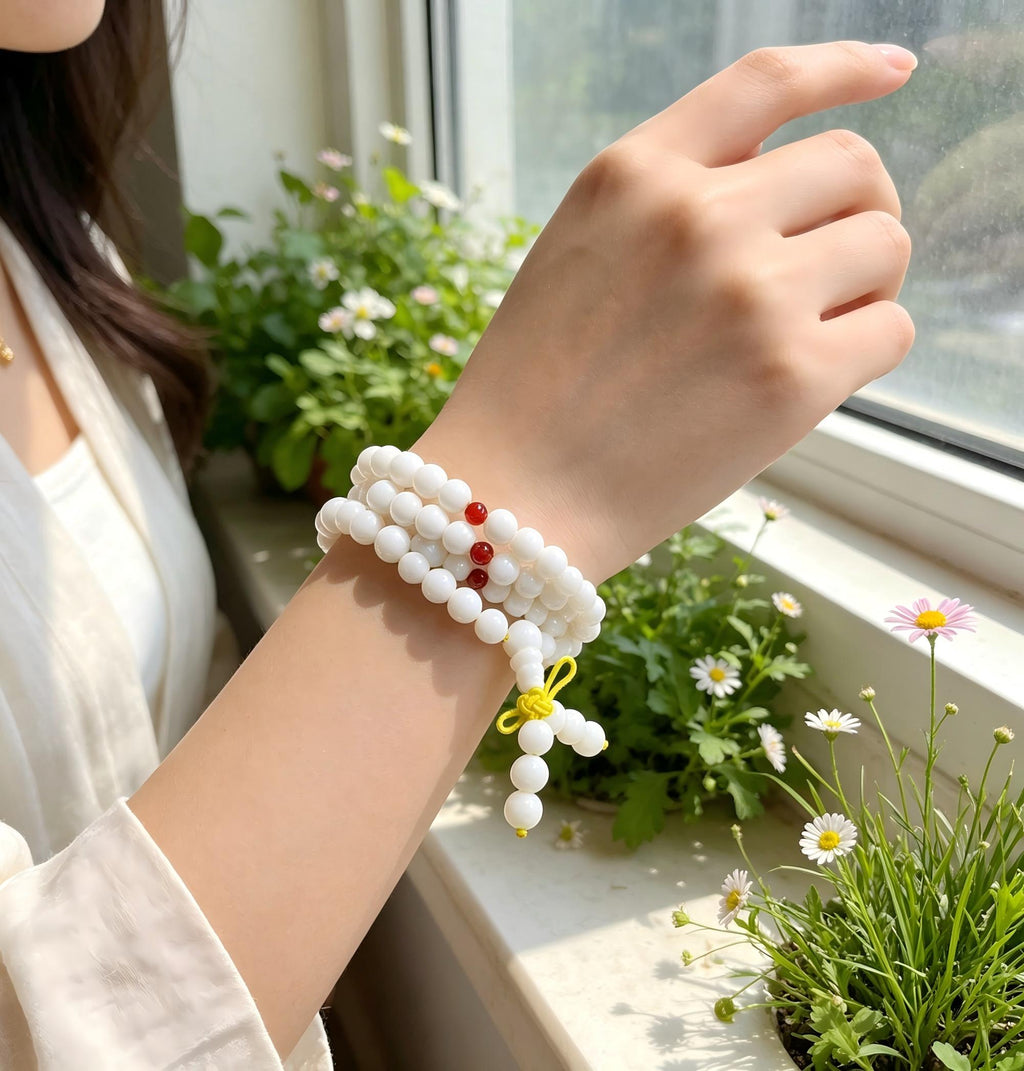Natural White Tridacna 108 Beads Mala with Red Agate Accents - Blessings & Protection Bracele, love gift、romantic gift、sentimental gift、anniversary gift