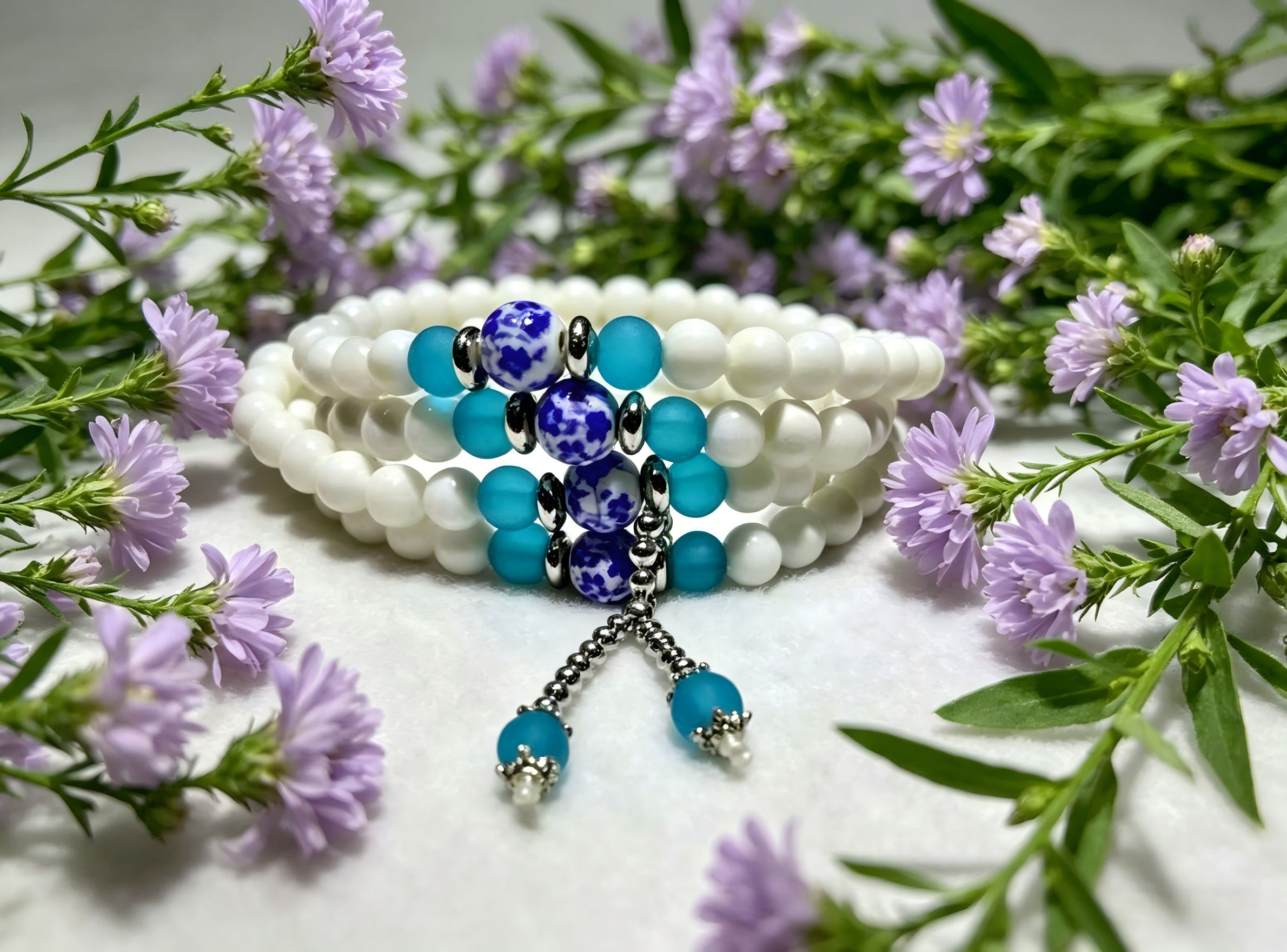 Natural White Tridacna 108-Bead Mala Bracelet with Blue Porcelain & Turquoise - Multi-Wrap Yoga & Spiritual Jewelry,Thoughtful Gift, anniversary gift, valentines gift, gift for girlfriend,  Thoughtful Gift