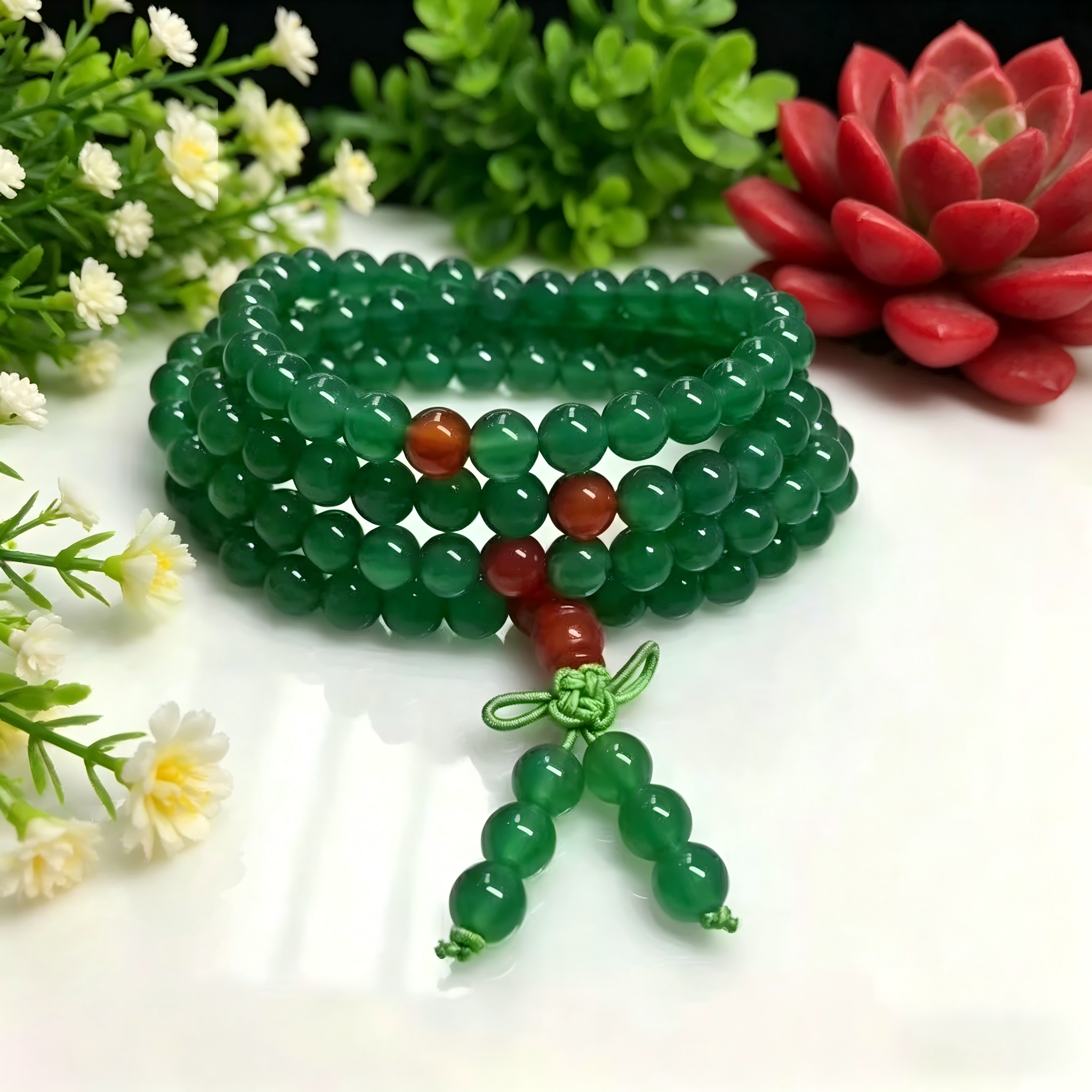 Natural Green Agate 108 Mala Beads Bracelet with Red Agate Accents - Meditation & Protection Jewelry Meaningful Gift ,Thoughtful Gift, anniversary gift, valentines gift, gift for girlfriend, handmade
