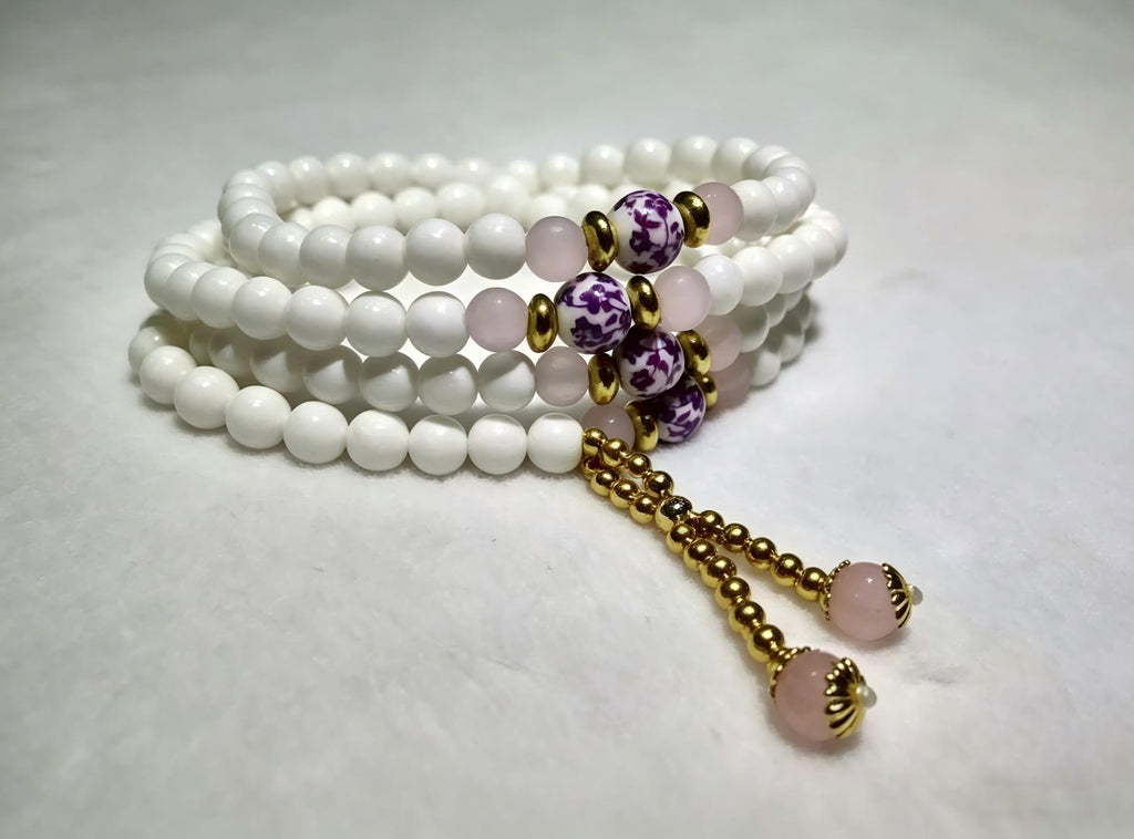 Natural White Tridacna 108 Mala Beads Bracelet with Pink Crystal Accents - Meditation & Prayer Jewelry, Thoughtful Gift, anniversary gift, valentines gift, gift for girlfriend,Meaningful Gift