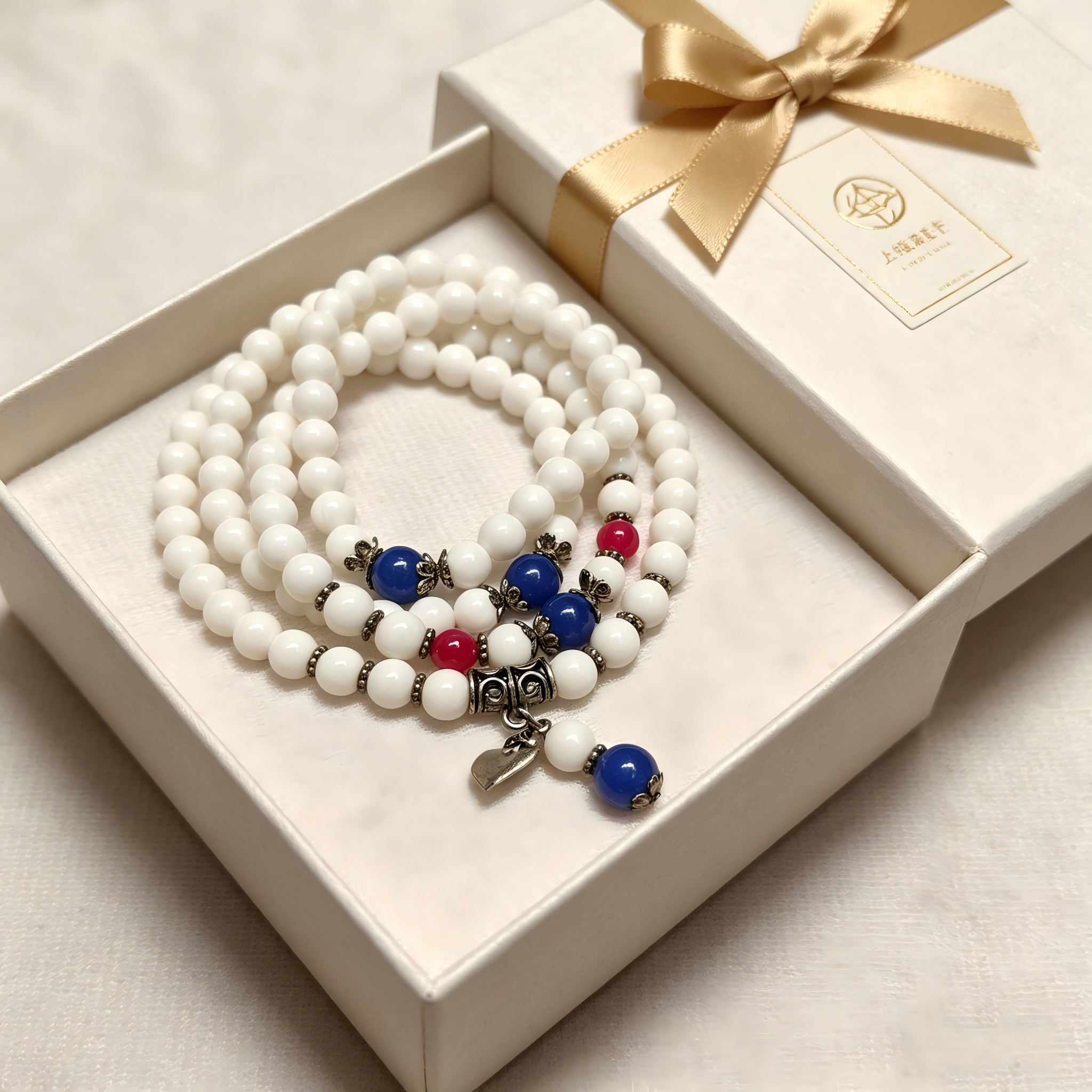 Natural White Tridacna 108 Mala Beads Bracelet with Blue & Pink Accents - Multi-Wrap Spiritual Jewelry Yoga & Spiritual Jewelry, Thoughtful Gift, anniversary gift, valentines gift, gift for girlfriend