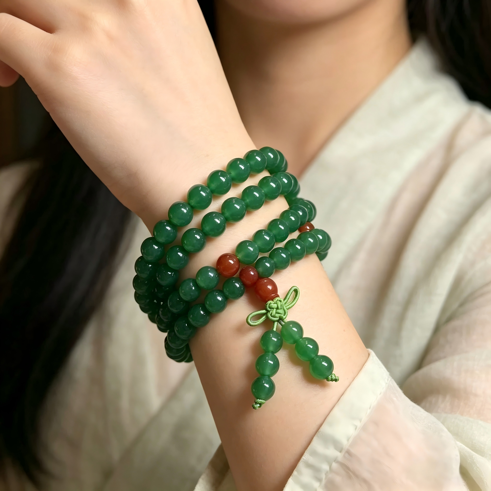 Natural Green Agate 108 Mala Beads Bracelet with Red Agate Accents - Meditation & Protection Jewelry Meaningful Gift ,Thoughtful Gift, anniversary gift, valentines gift, gift for girlfriend, handmade