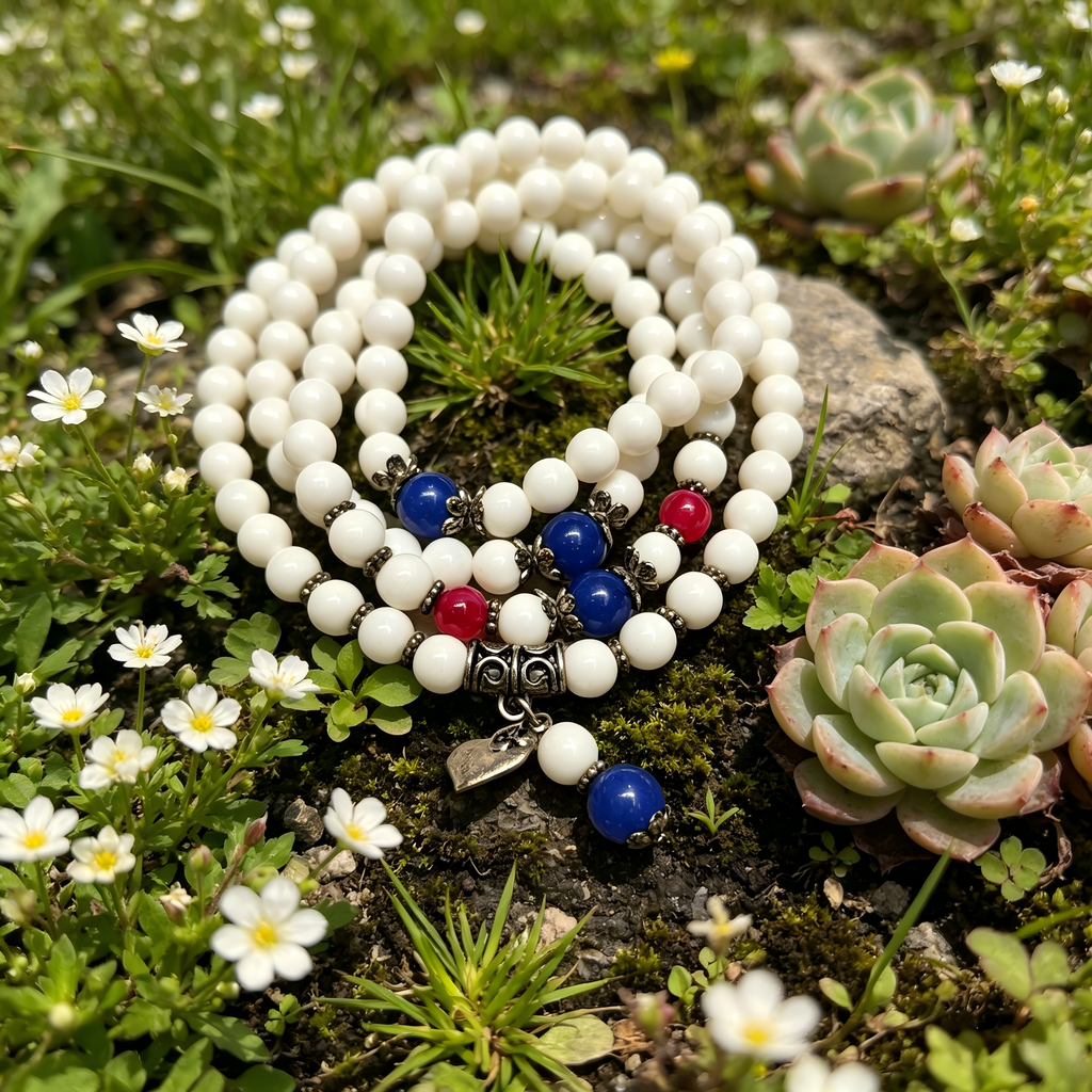 Natural White Tridacna 108 Mala Beads Bracelet with Blue & Pink Accents - Multi-Wrap Spiritual Jewelry Yoga & Spiritual Jewelry, Thoughtful Gift, anniversary gift, valentines gift, gift for girlfriend