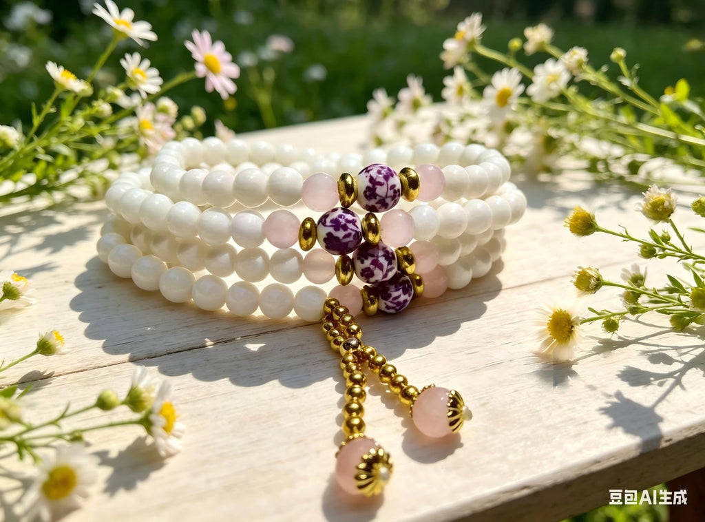 Natural White Tridacna 108 Mala Beads Bracelet with Pink Crystal Accents - Meditation & Prayer Jewelry, Thoughtful Gift, anniversary gift, valentines gift, gift for girlfriend,Meaningful Gift