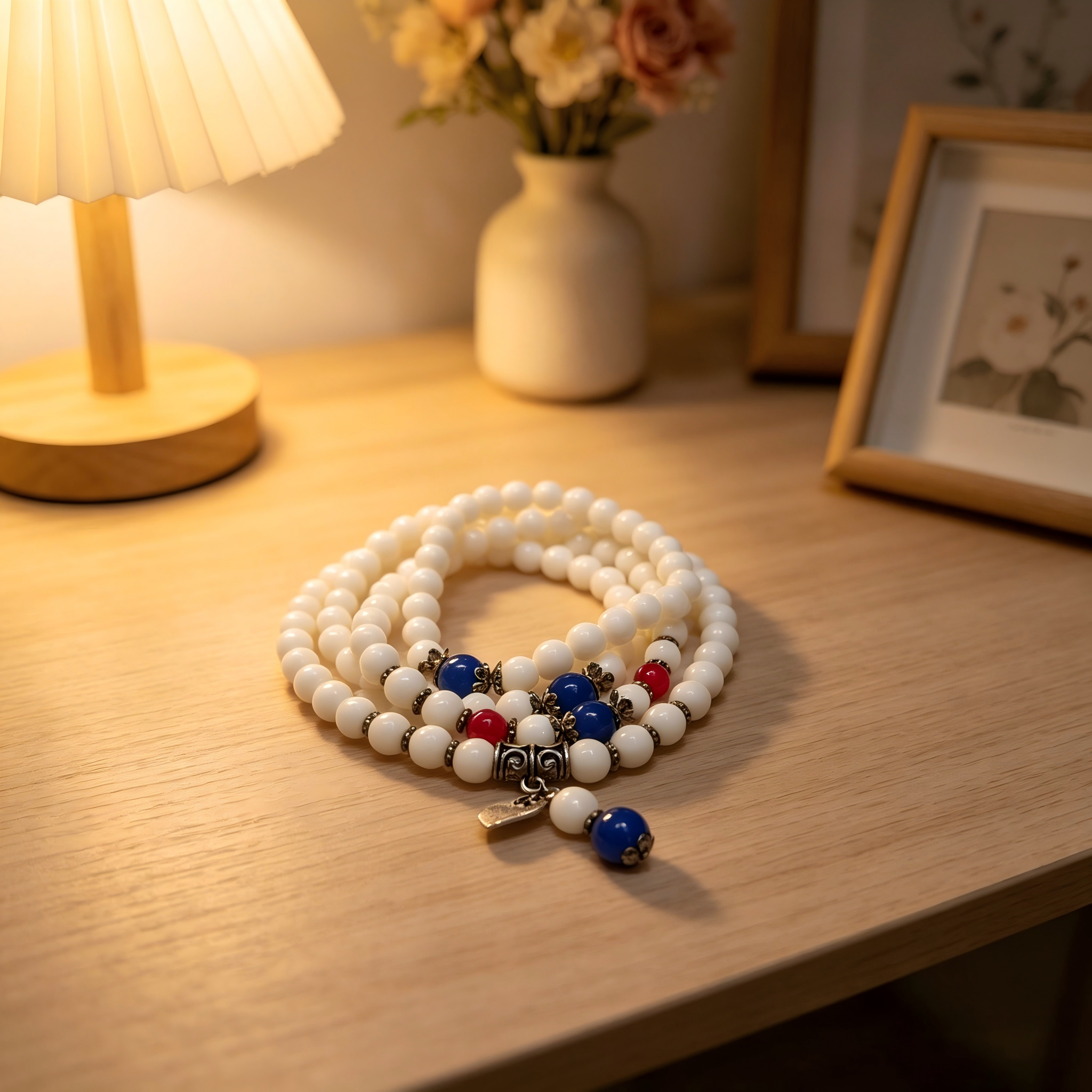 Natural White Tridacna 108 Mala Beads Bracelet with Blue & Pink Accents - Multi-Wrap Spiritual Jewelry Yoga & Spiritual Jewelry, Thoughtful Gift, anniversary gift, valentines gift, gift for girlfriend