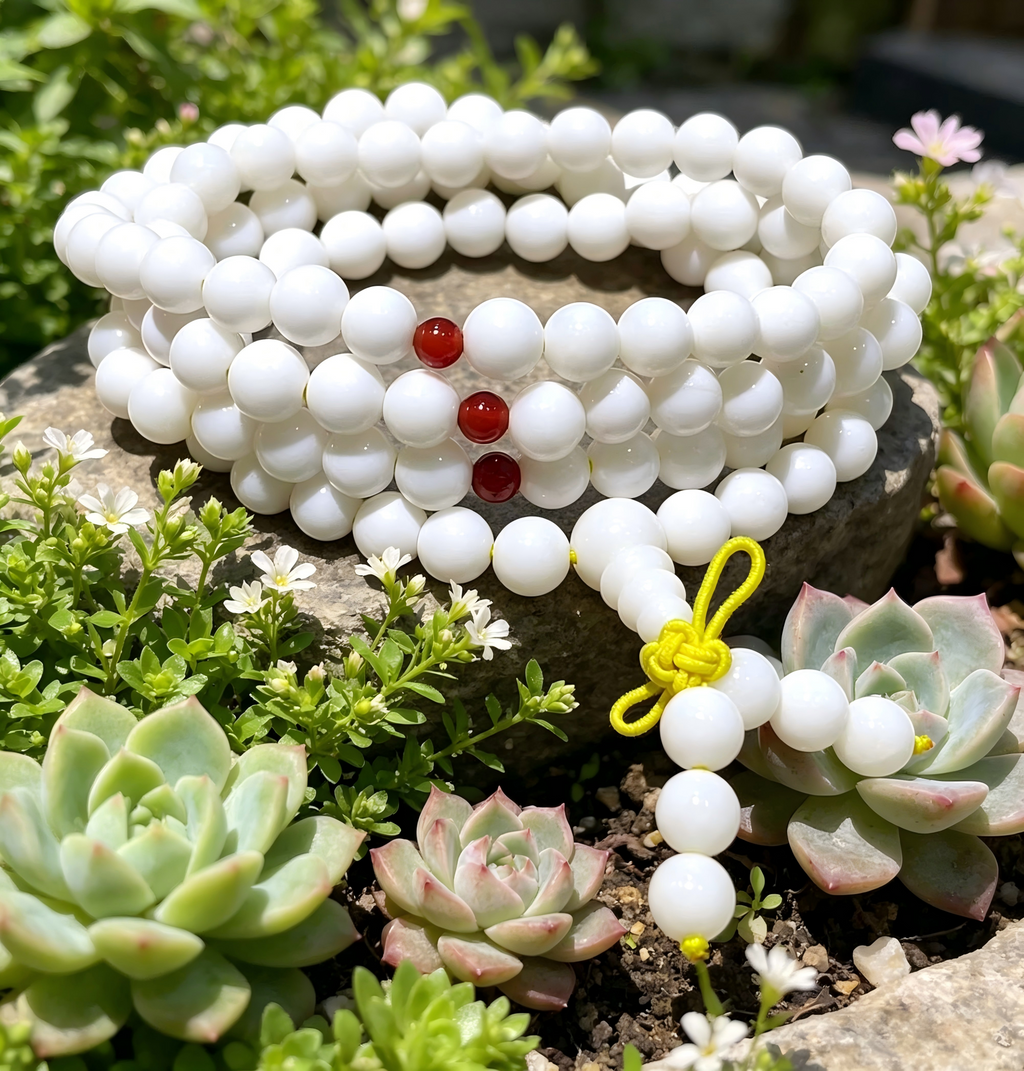 Natural White Tridacna 108 Beads Mala with Red Agate Accents - Blessings & Protection Bracele, love gift、romantic gift、sentimental gift、anniversary gift