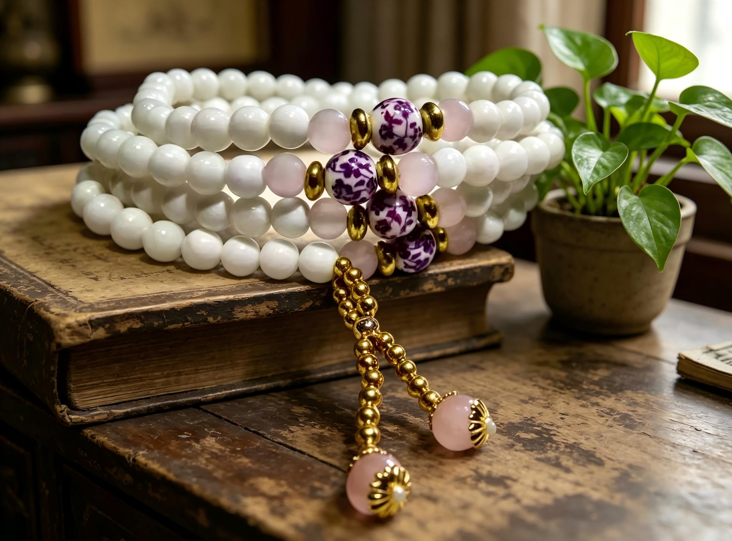 Natural White Tridacna 108 Mala Beads Bracelet with Pink Crystal Accents - Meditation & Prayer Jewelry, Thoughtful Gift, anniversary gift, valentines gift, gift for girlfriend,Meaningful Gift