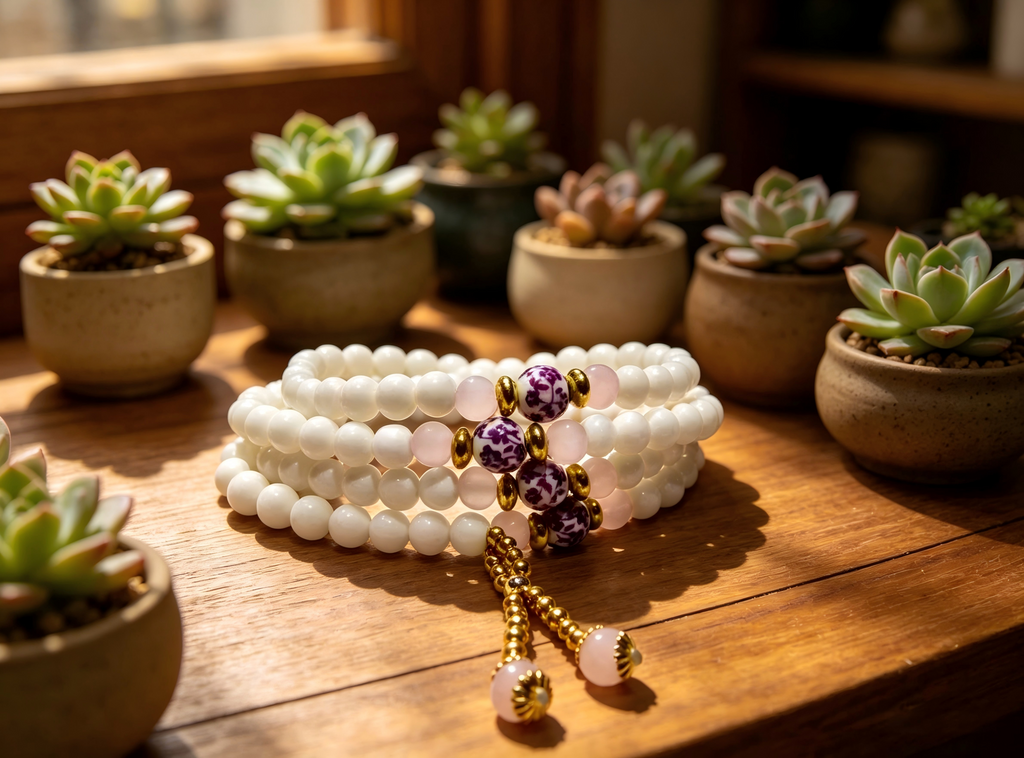 Natural White Tridacna 108 Mala Beads Bracelet with Pink Crystal Accents - Meditation & Prayer Jewelry, Thoughtful Gift, anniversary gift, valentines gift, gift for girlfriend,Meaningful Gift