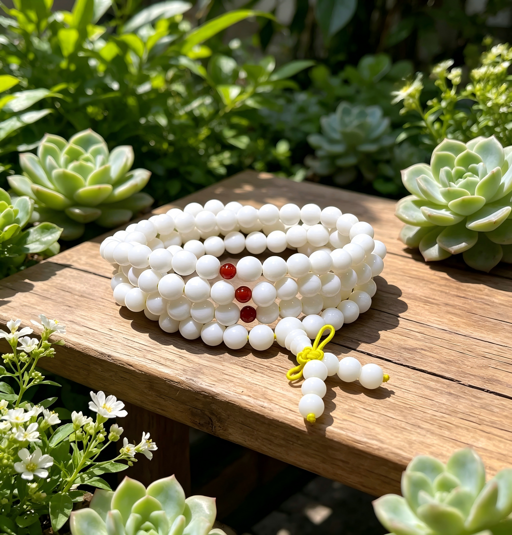Natural White Tridacna 108 Beads Mala with Red Agate Accents - Blessings & Protection Bracele, love gift、romantic gift、sentimental gift、anniversary gift