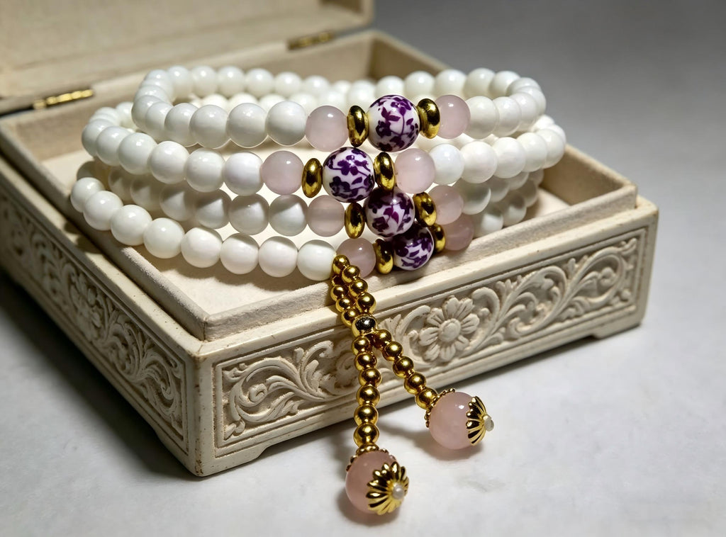 Natural White Tridacna 108 Mala Beads Bracelet with Pink Crystal Accents - Meditation & Prayer Jewelry, Thoughtful Gift, anniversary gift, valentines gift, gift for girlfriend,Meaningful Gift