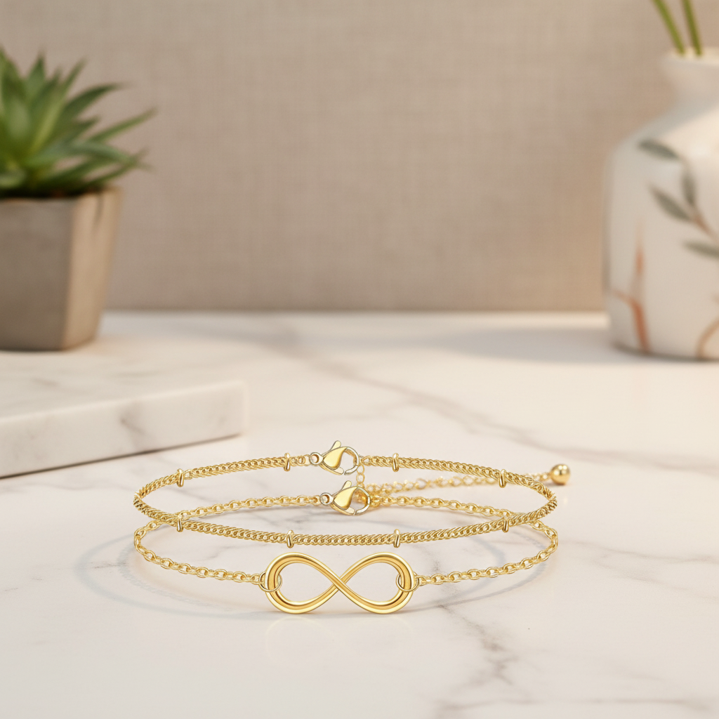 14K Gold Plated Infinity Charm Bracelet | Skin-Friendly Tarnish-Resistant Layered Bracelet