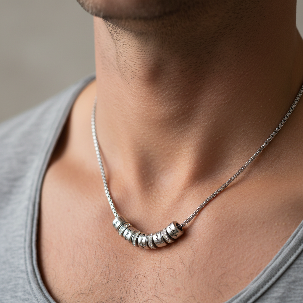 Custom engraved family name necklace, a sincere Father's Day gift that symbolises family unity and everlasting love