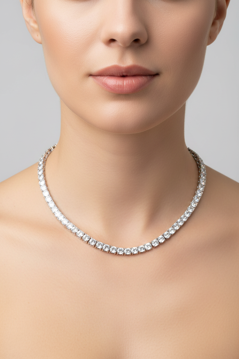 3-5mm Zircon Tennis Chain Necklace, Polished Unisex Hip Hop Necklace, Electroplated Shiny Copper Necklace with Reinforced Spring Buckle, Street Fashion Daily Jewelry