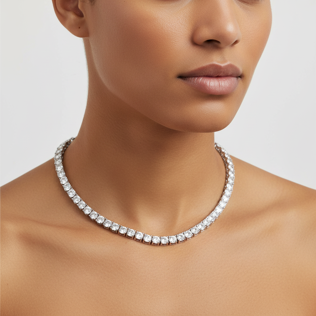 3-5mm Zircon Tennis Chain Necklace, Polished Unisex Hip Hop Necklace, Electroplated Shiny Copper Necklace with Reinforced Spring Buckle, Street Fashion Daily Jewelry