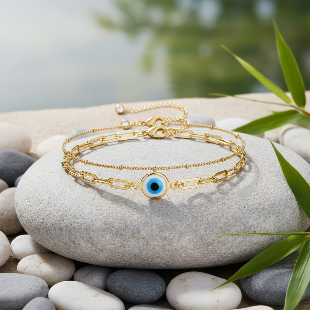14K Gold Layered Charm Bracelet | Pearl & Evil Eye Stackable Jewelry