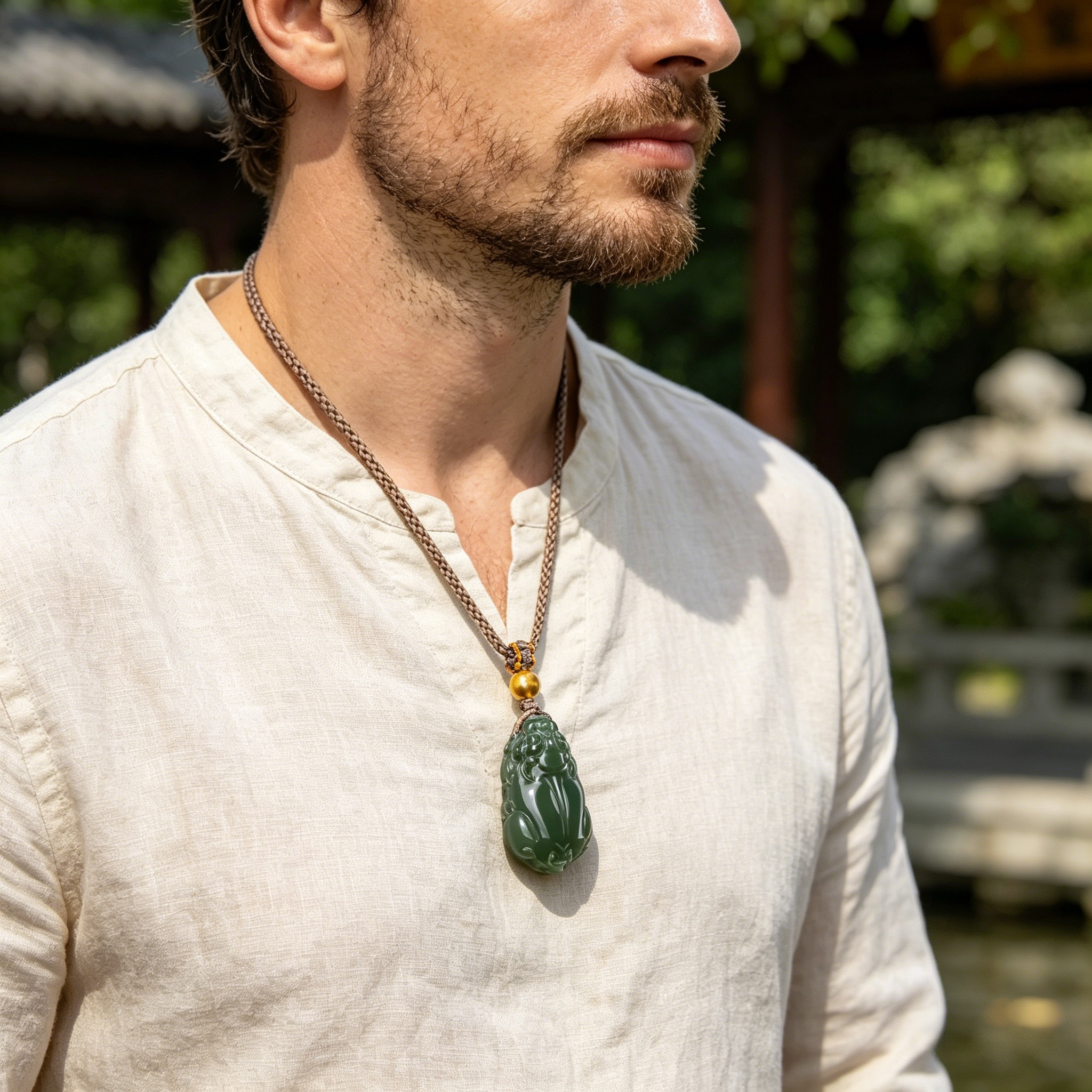 Natural Hetian Jade Pixiu Pendant Necklace with Gold Bead, Feng Shui Talisman for Wealth & Protection, Hand-Carved Oriental Lucky Jewelry Gift,  anniversary gift、valentines gift、gift for girlfriend