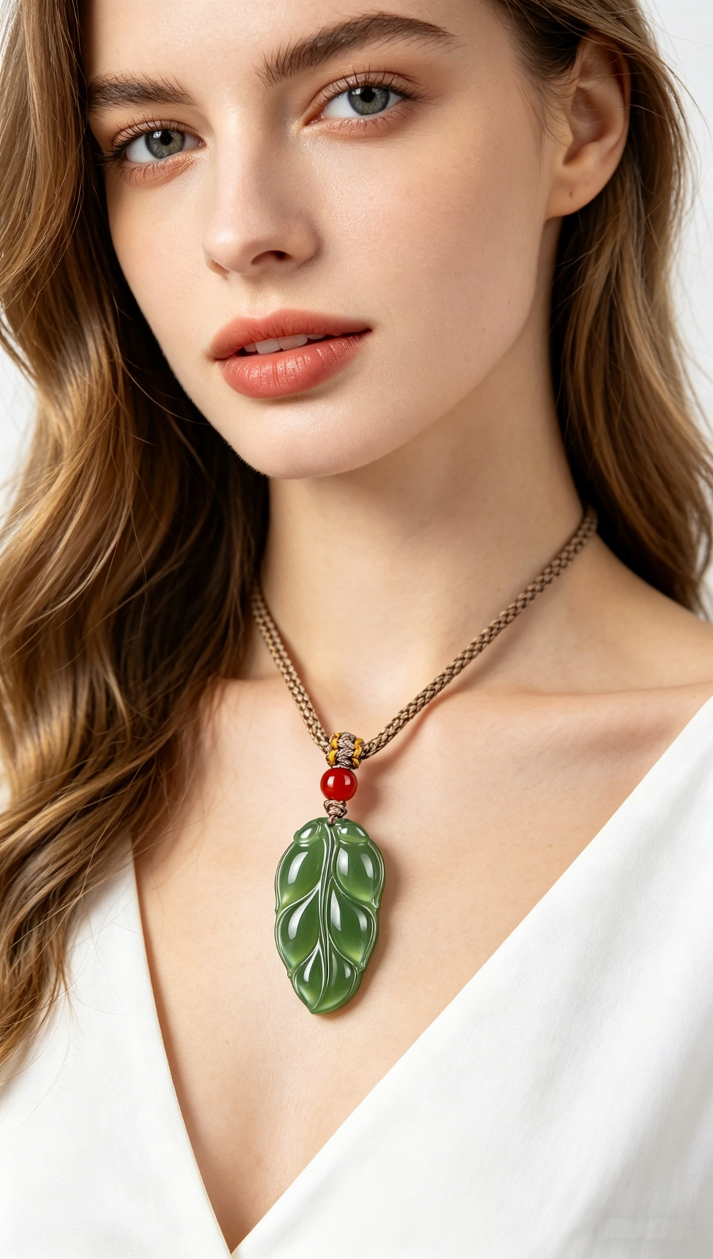 Natural Hetian Jade Leaf Pendant | "Golden Jade Leaf" Symbol of Growth & Luck, Handcrafted Green Jade Necklace with Red Agate Bead,   anniversary gift、valentines gift、gift for girlfriend