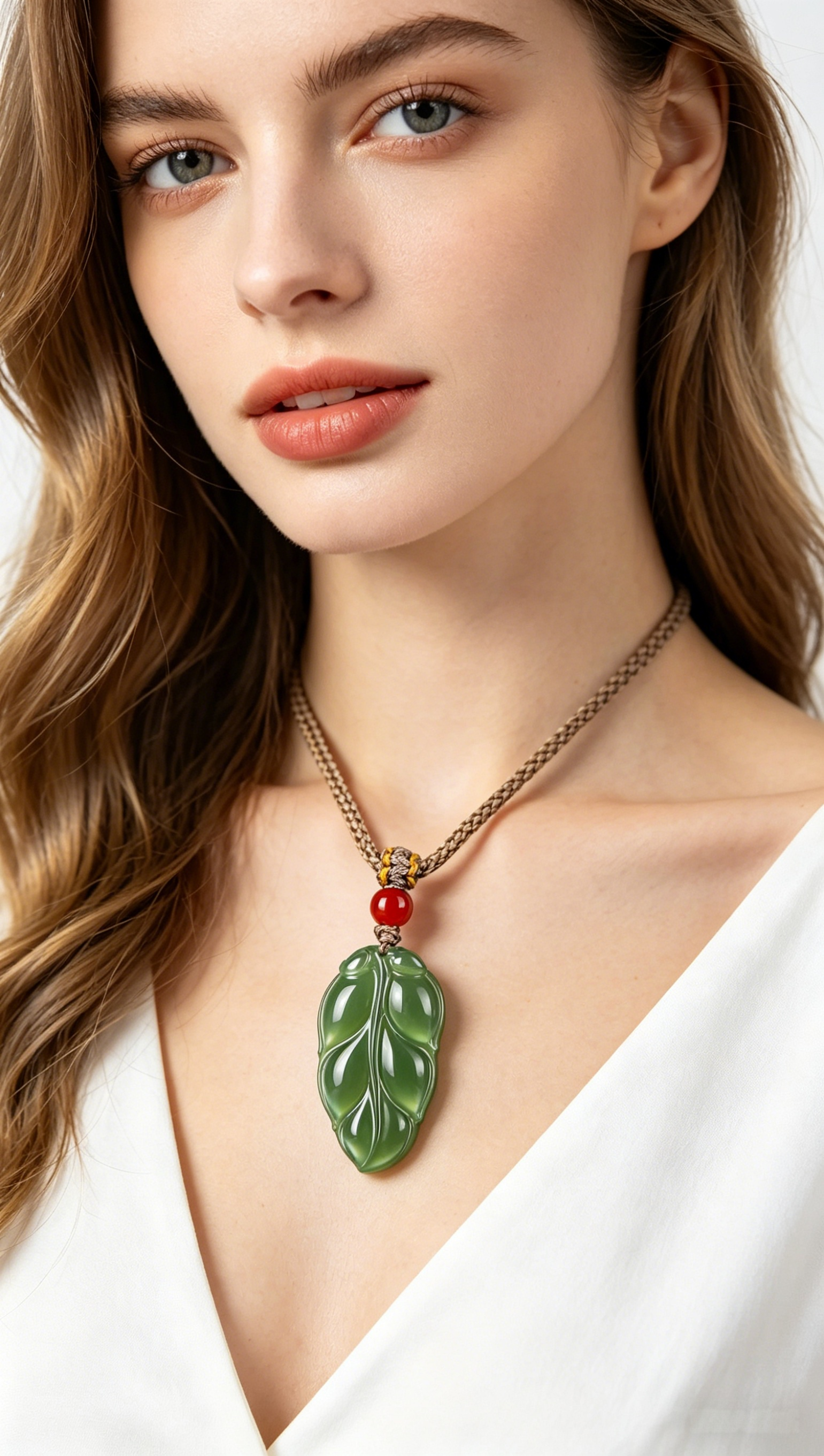 Natural Hetian Jade Leaf Pendant | "Golden Jade Leaf" Symbol of Growth & Luck, Handcrafted Green Jade Necklace with Red Agate Bead,   anniversary gift、valentines gift、gift for girlfriend