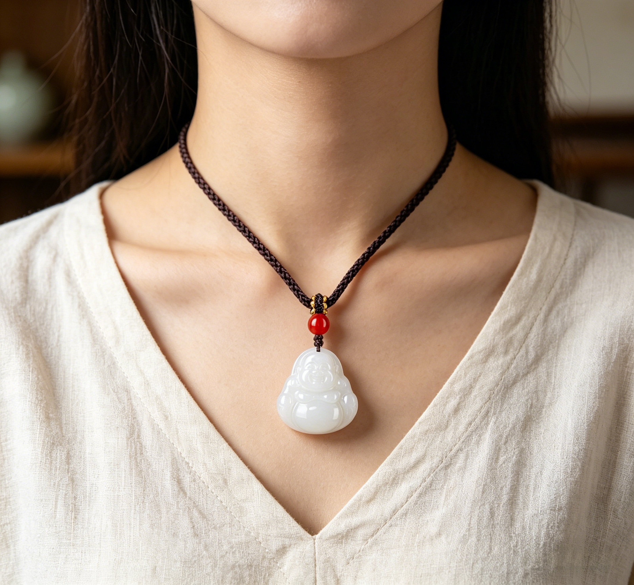 Natural Hetian Jade Laughing Buddha Pendant Necklace with Red Agate Bead, Feng Shui Talisman for Happiness & Inner Peace, Hand-Carved Zen Jewelry Gift,  anniversary gift、valentines gift、gift for girlfriend