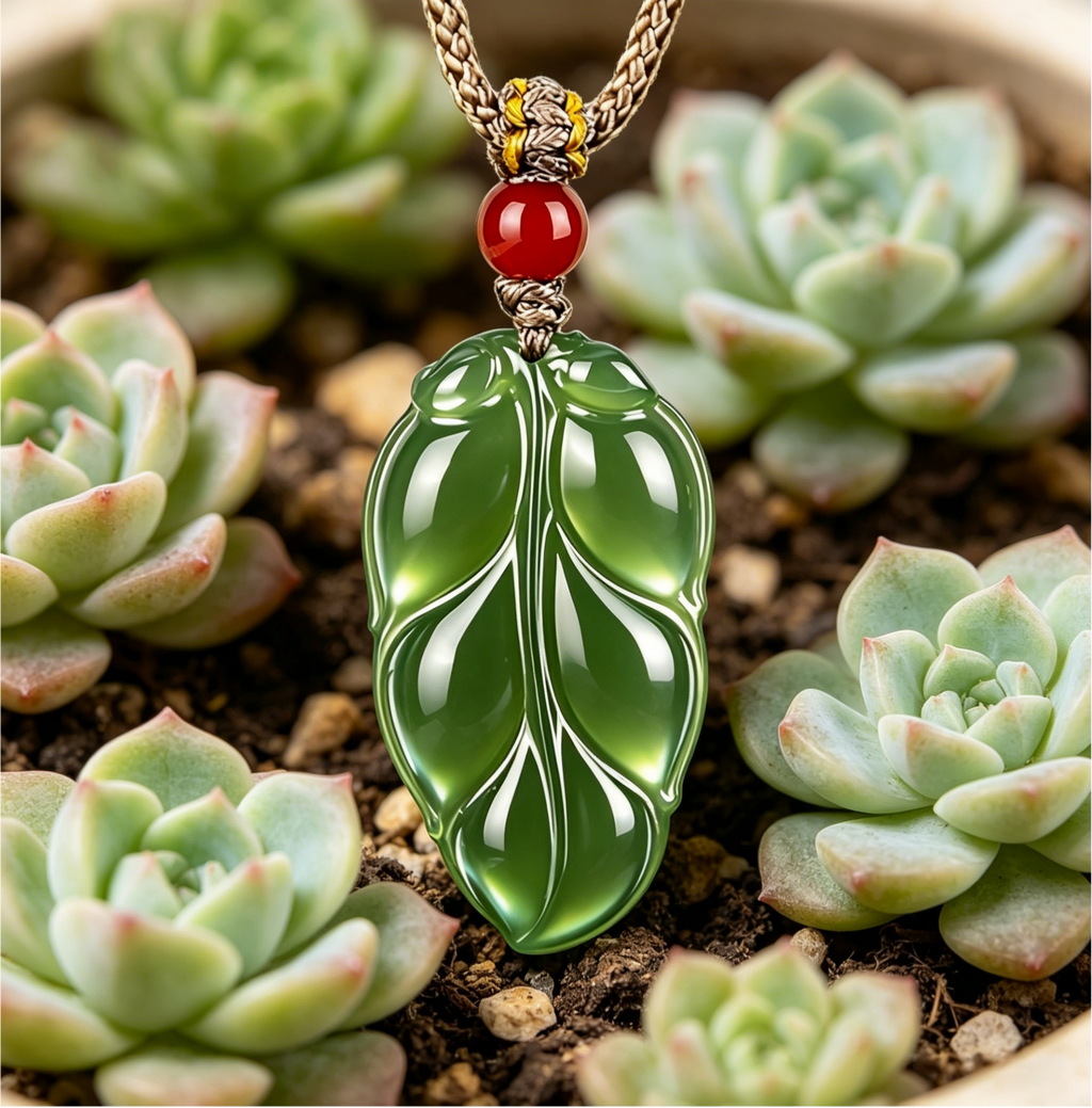 Natural Hetian Jade Leaf Pendant | "Golden Jade Leaf" Symbol of Growth & Luck, Handcrafted Green Jade Necklace with Red Agate Bead,   anniversary gift、valentines gift、gift for girlfriend