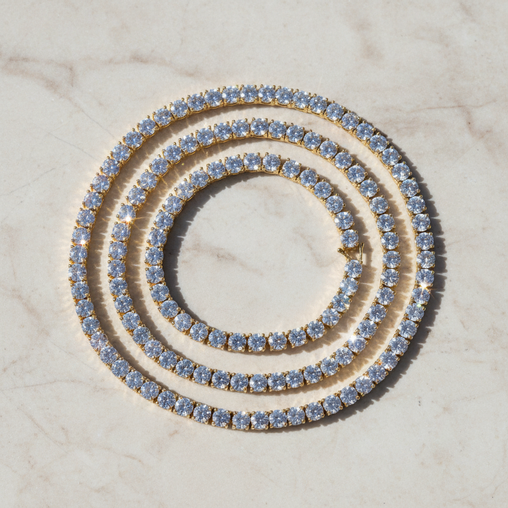 3-5mm Zircon Tennis Chain Necklace, Polished Unisex Hip Hop Necklace, Electroplated Shiny Copper Necklace with Reinforced Spring Buckle, Street Fashion Daily Jewelry