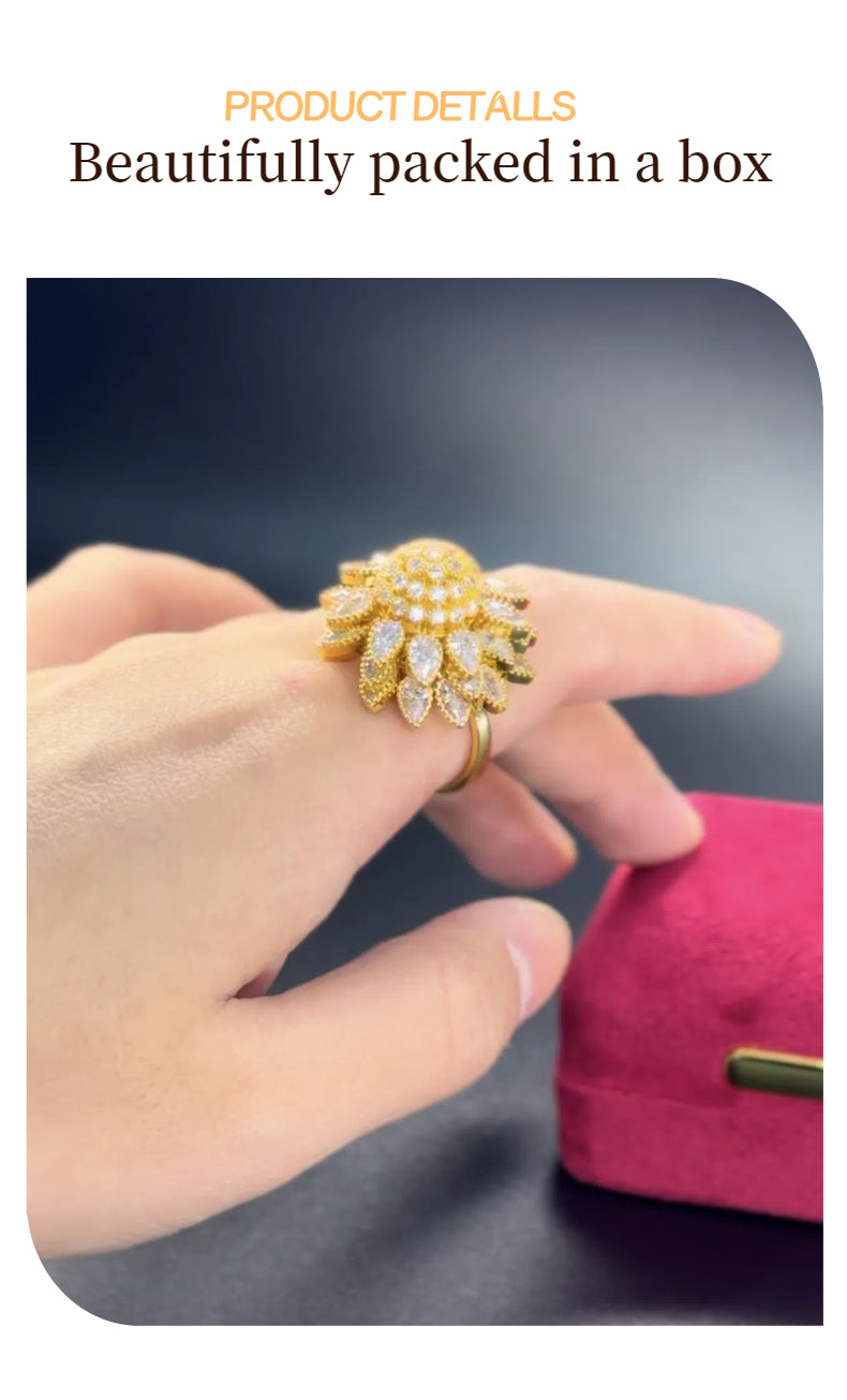 14K Gold Tone Floral Open Adjustable Ring CZ Enamel Leaf Spinner Ring US2US Ship