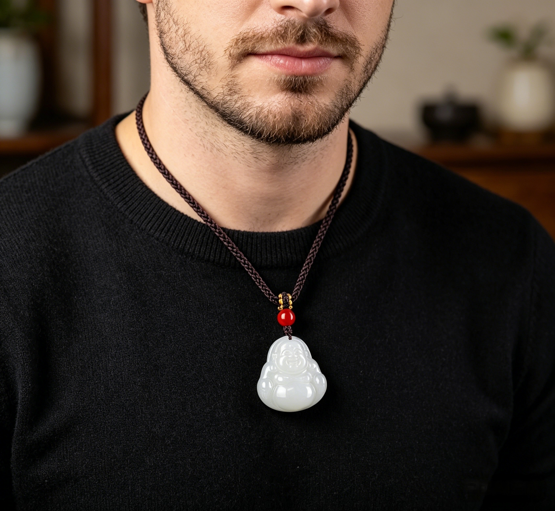 Natural Hetian Jade Laughing Buddha Pendant Necklace with Red Agate Bead, Feng Shui Talisman for Happiness & Inner Peace, Hand-Carved Zen Jewelry Gift,  anniversary gift、valentines gift、gift for girlfriend