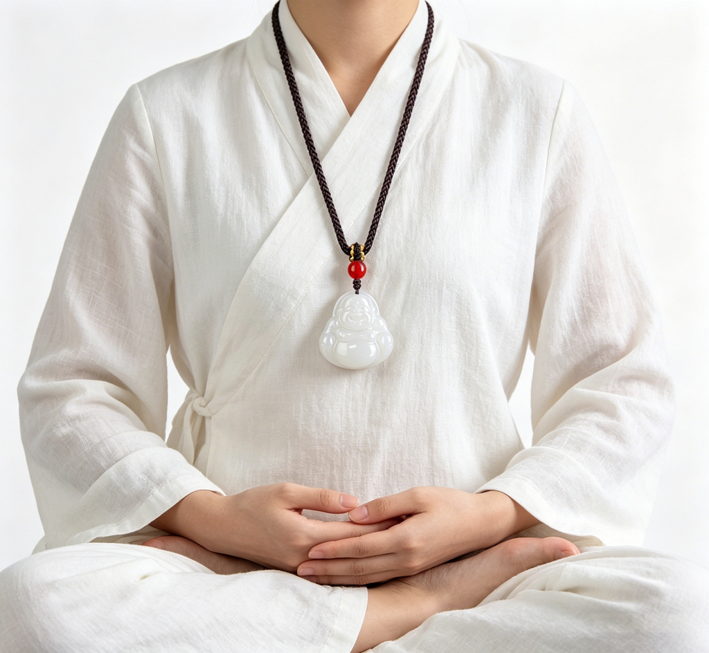 Natural Hetian Jade Laughing Buddha Pendant Necklace with Red Agate Bead, Feng Shui Talisman for Happiness & Inner Peace, Hand-Carved Zen Jewelry Gift,  anniversary gift、valentines gift、gift for girlfriend