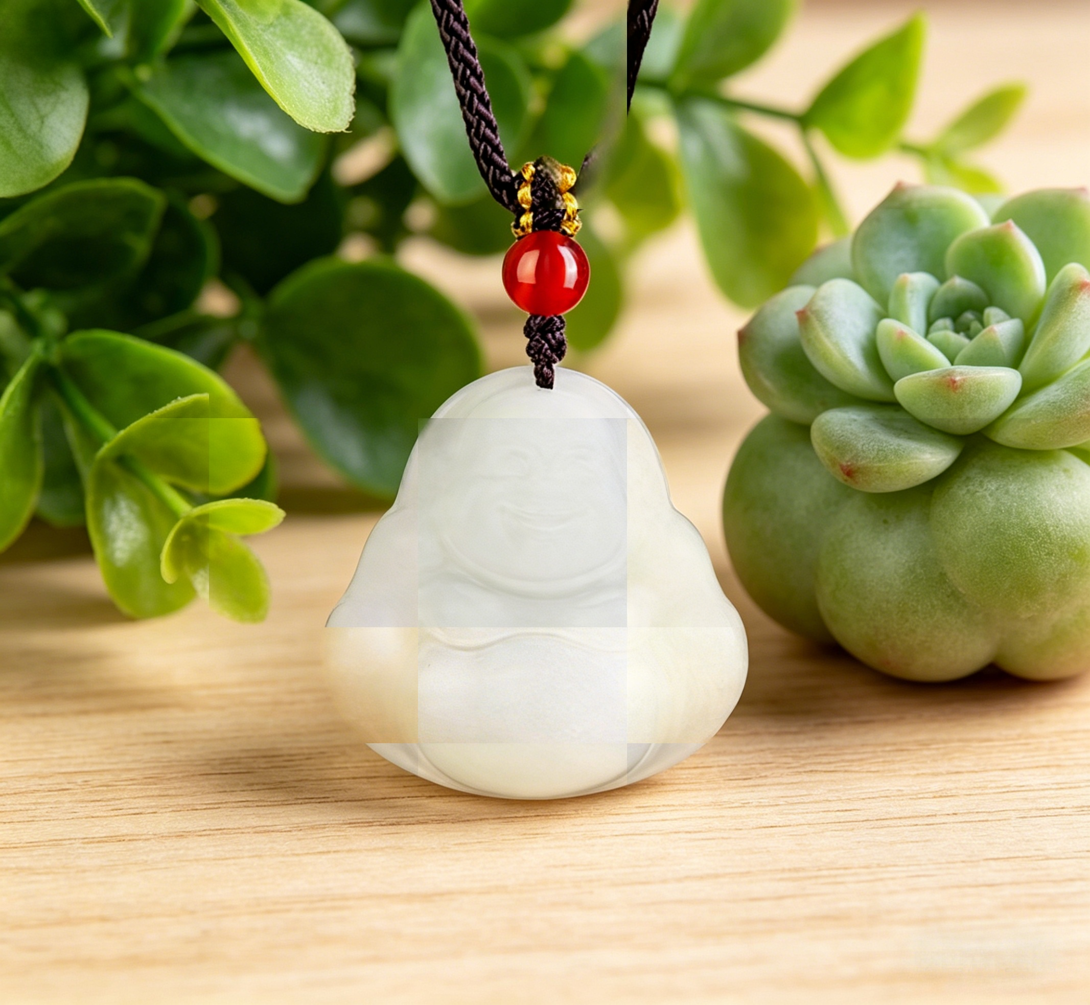 Natural Hetian Jade Laughing Buddha Pendant Necklace with Red Agate Bead, Feng Shui Talisman for Happiness & Inner Peace, Hand-Carved Zen Jewelry Gift,  anniversary gift、valentines gift、gift for girlfriend
