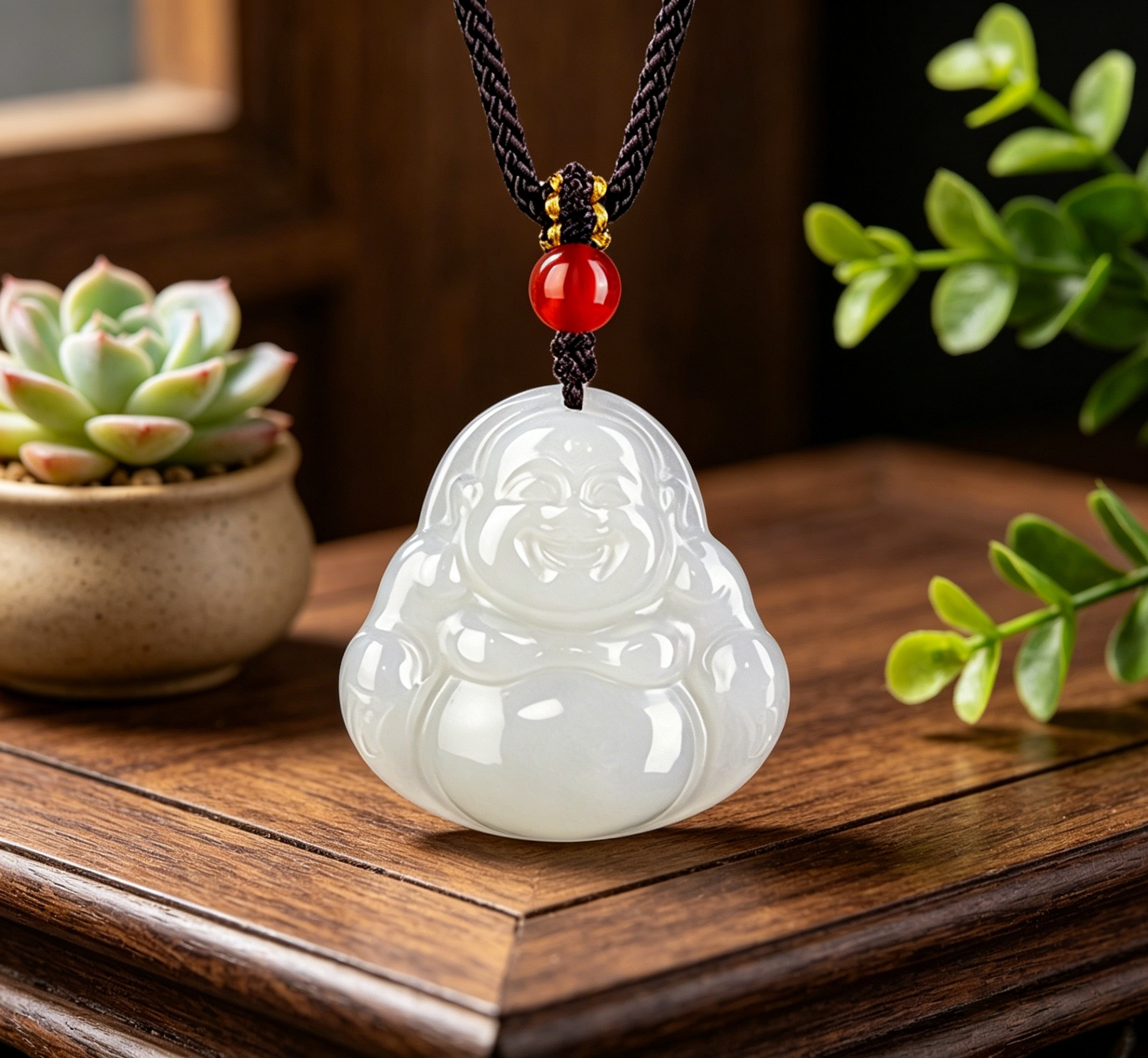 Natural Hetian Jade Laughing Buddha Pendant Necklace with Red Agate Bead, Feng Shui Talisman for Happiness & Inner Peace, Hand-Carved Zen Jewelry Gift,  anniversary gift、valentines gift、gift for girlfriend