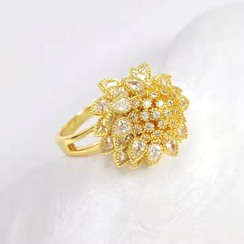 14K Gold Tone Floral Open Adjustable Ring CZ Enamel Leaf Spinner Ring US2US Ship