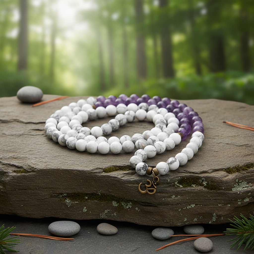 Natural White Turquoise Amethyst Jewelry Set Lotus Buddha Pendant Necklace & Beaded Bracelet