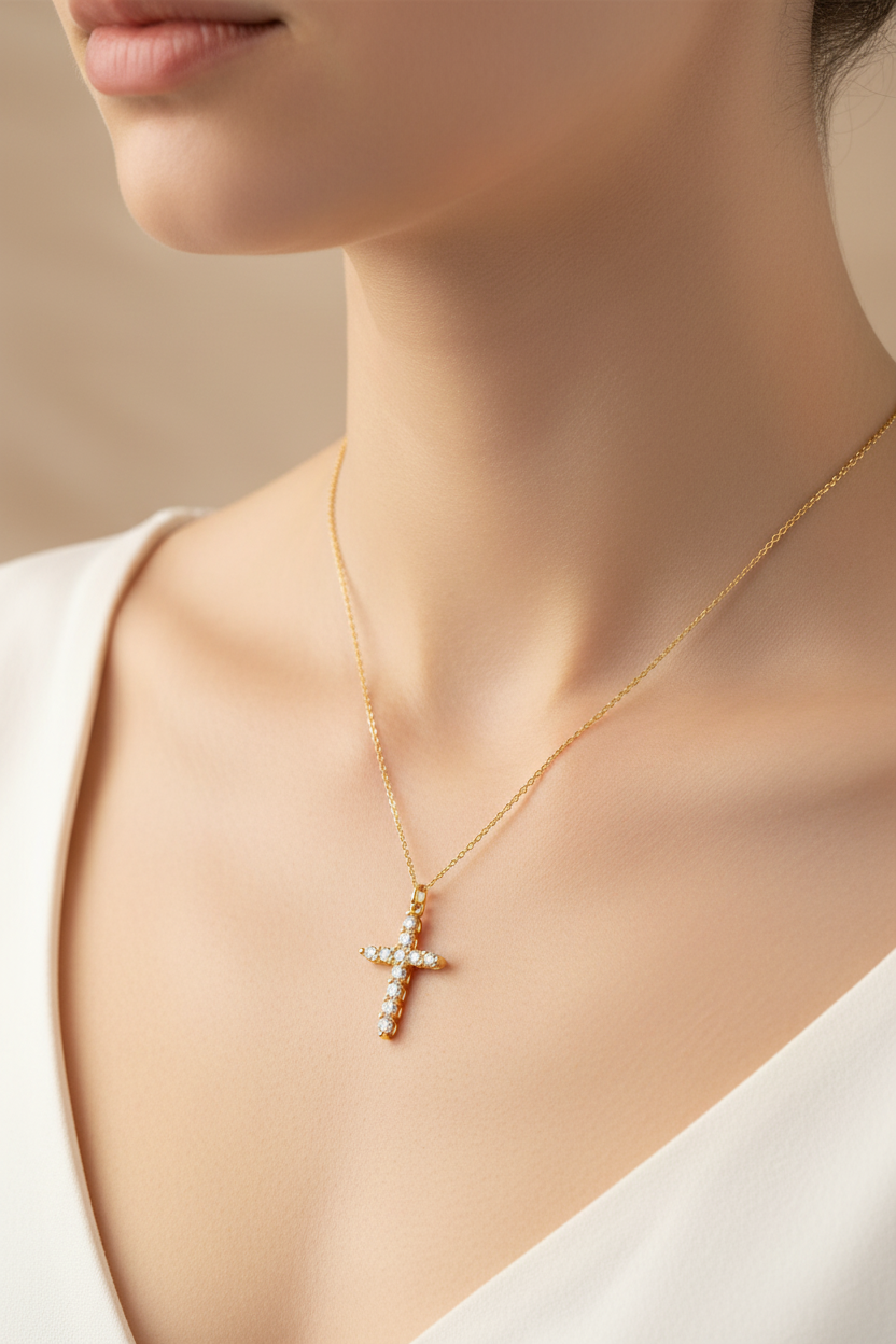 Colorful Bling 14K Gold CZ Cross Necklace Minimalist Religious Pendant Jewelry US2US Ship