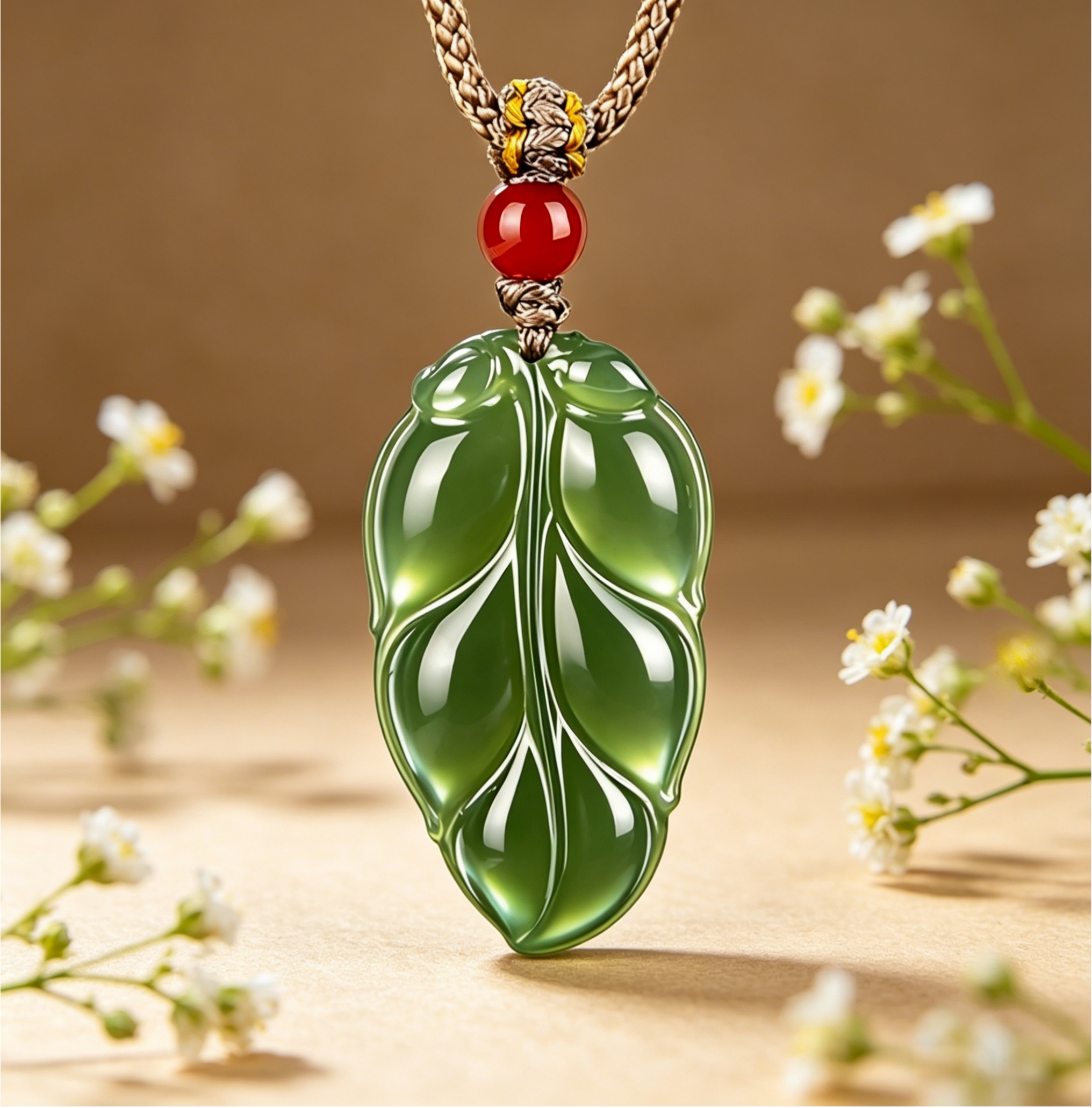 Natural Hetian Jade Leaf Pendant | "Golden Jade Leaf" Symbol of Growth & Luck, Handcrafted Green Jade Necklace with Red Agate Bead,   anniversary gift、valentines gift、gift for girlfriend