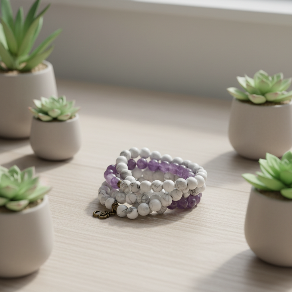 Natural White Turquoise Amethyst Jewelry Set Lotus Buddha Pendant Necklace & Beaded Bracelet