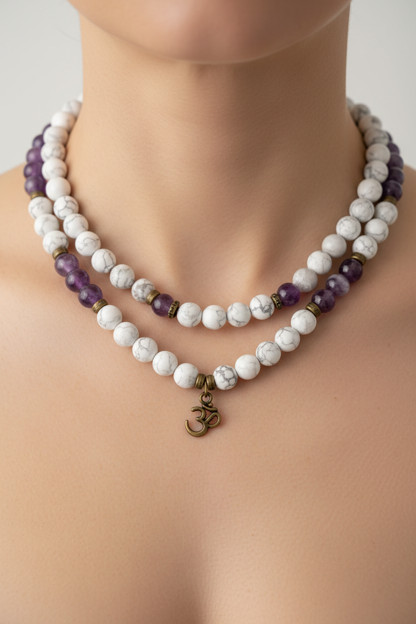 Natural White Turquoise Amethyst Jewelry Set Lotus Buddha Pendant Necklace & Beaded Bracelet