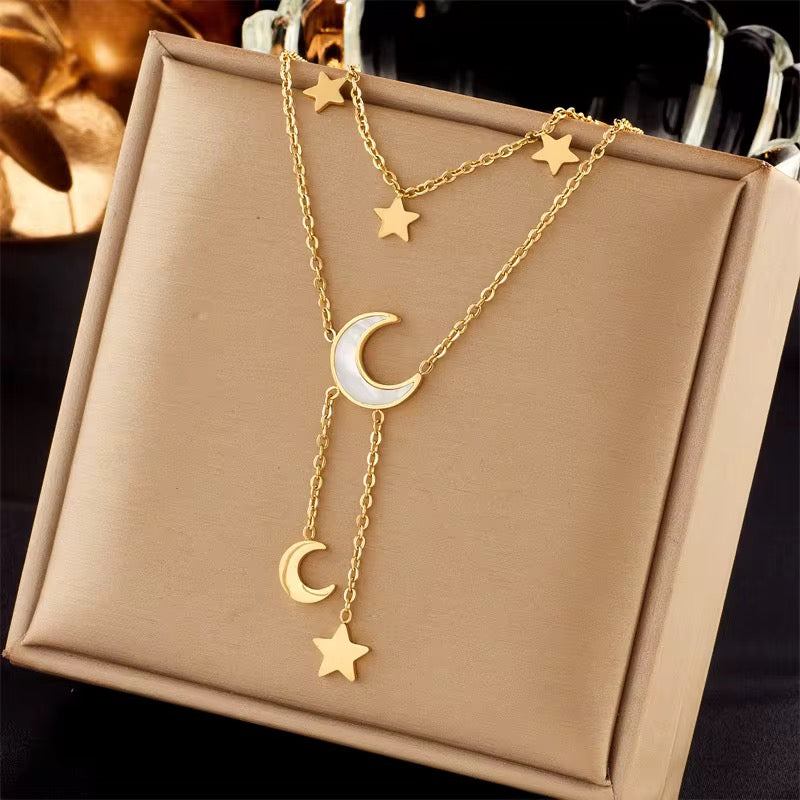 Moon And Stars Necklace Gold Layered Chain Astrology Jewelry|US2US Fast Ship