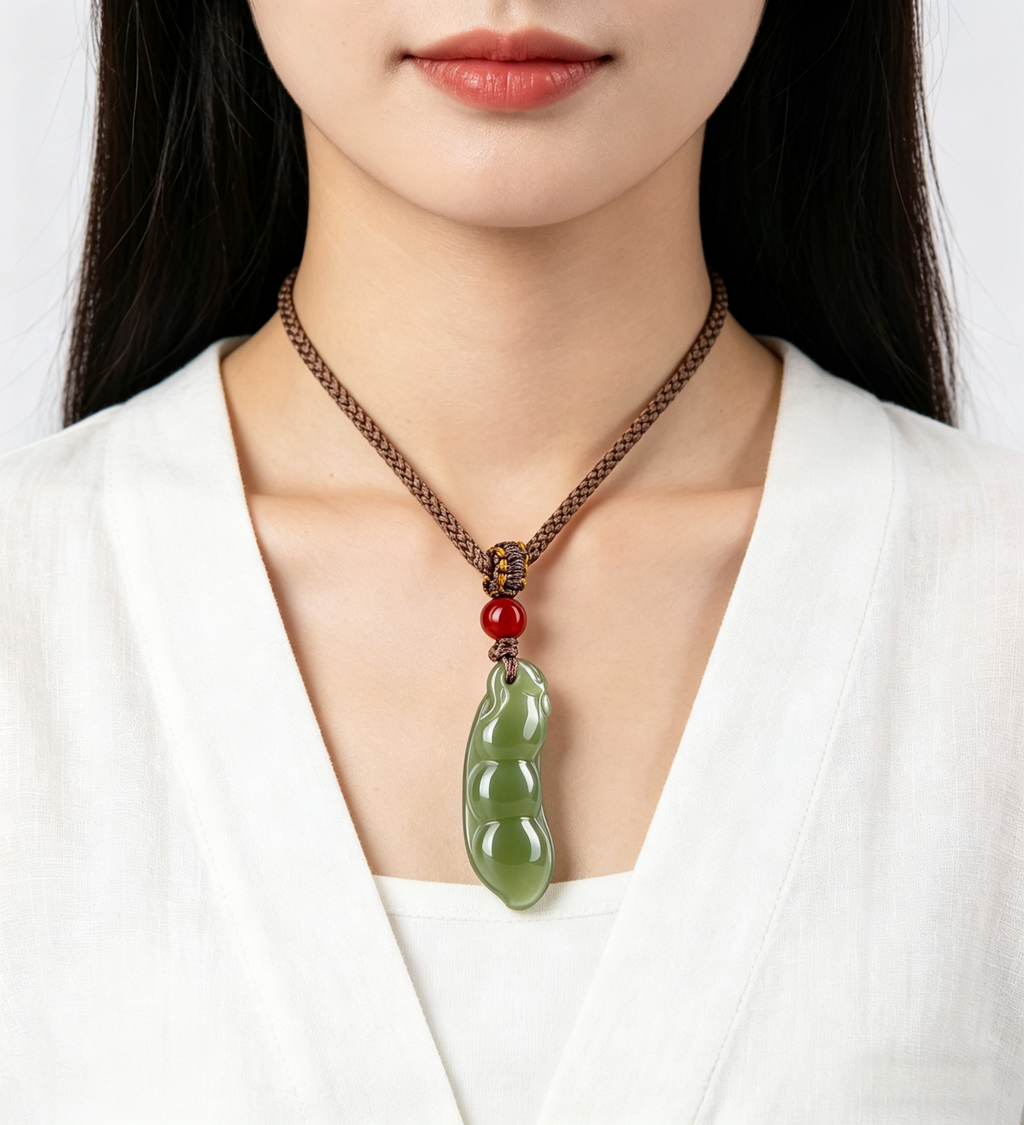 Natural Hetian Jade Fu Dou (Lucky Bean) Pendant Necklace with Red Agate Bead, Hand-Carved Feng Shui Talisman for Abundance & Good Fortune, Minimalist Oriental Jewelry Gift