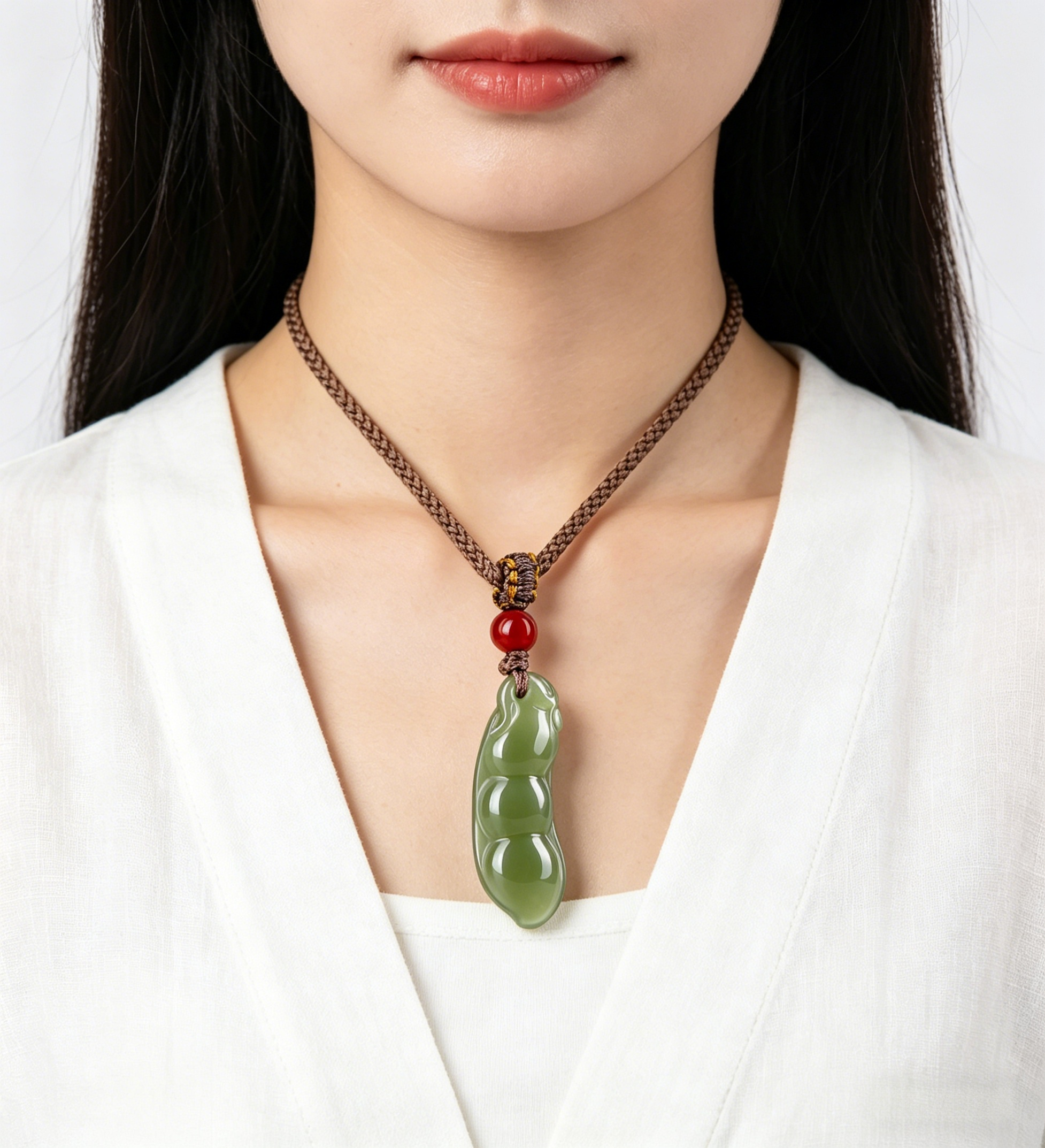 Natural Hetian Jade Fu Dou (Lucky Bean) Pendant Necklace with Red Agate Bead, Hand-Carved Feng Shui Talisman for Abundance & Good Fortune, Minimalist Oriental Jewelry Gift