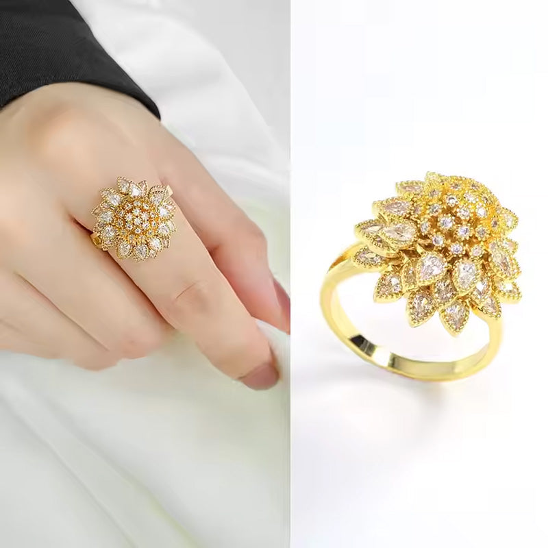 14K Gold Tone Floral Open Adjustable Ring CZ Enamel Leaf Spinner Ring US2US Ship